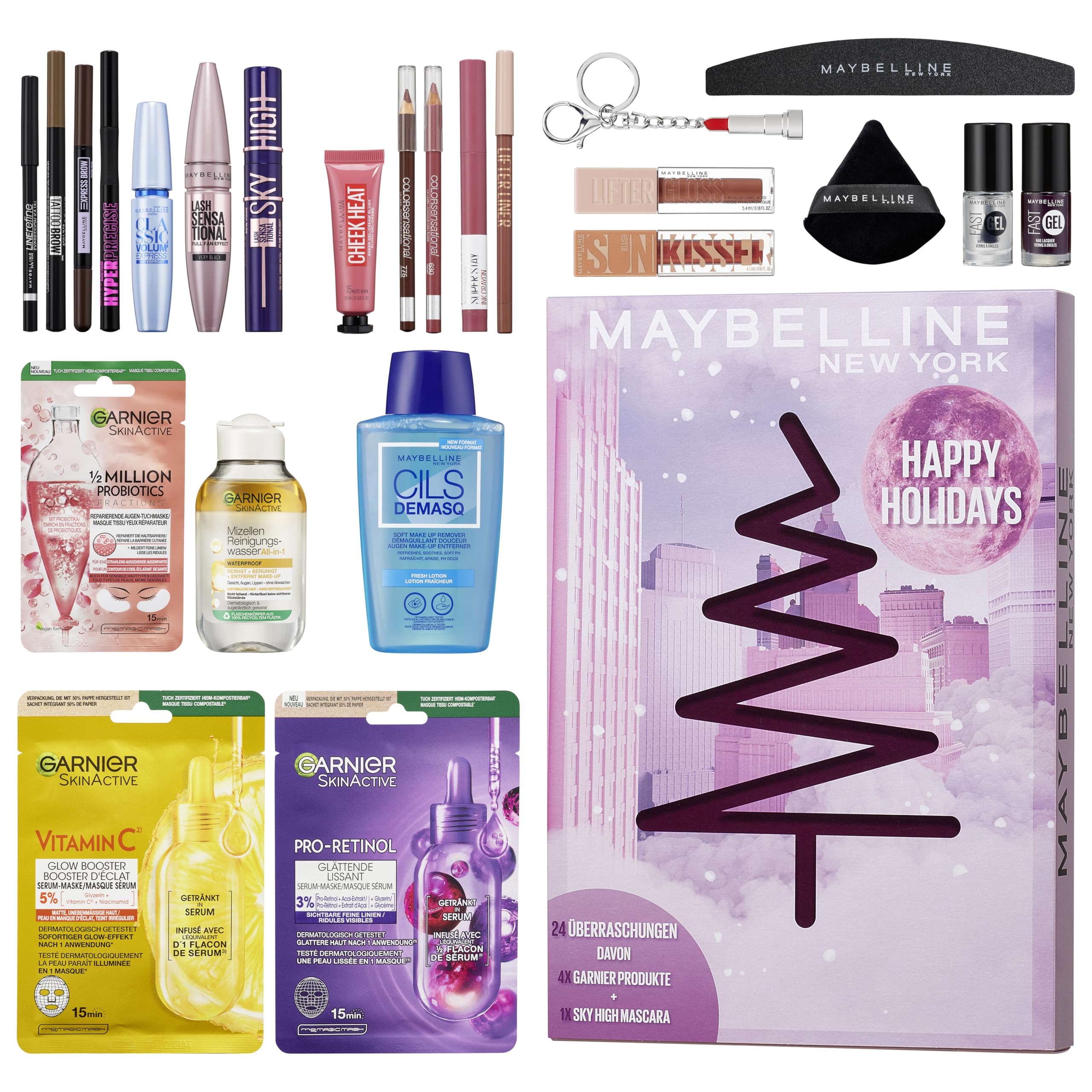 Maybelline New York Adventskalender, Mit 24 spannenden Türchen für Beauty-Liebhaberinnen, 21 Originalprodukte & 3 Goodies, inkl. Sky High Mascara & 4 Garnier Skincare Highlights Angebot bei HelloDeals