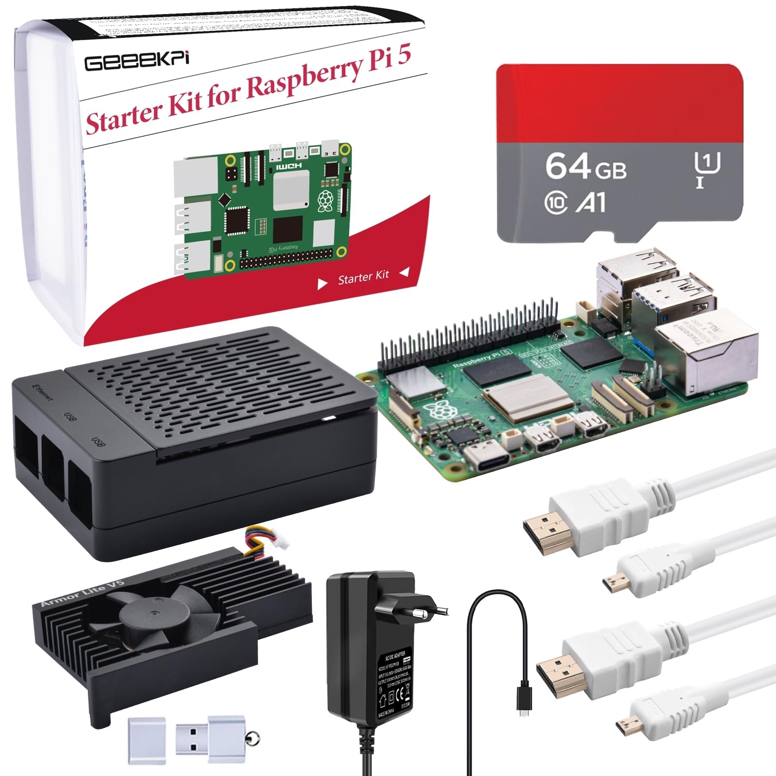 GeeekPi Starter Kit für Raspberry Pi 5 8GB, Inklusive Pi 5 8GB RAM-Board, 64GB SD-Karte und Kartenleser, Pi 5 ABS Gehäuse mit Armor Lite V5 Aktivkühler, 27W 5.1V 5A USB C Netzteil, 2pcs 4K HDMI-Kabel Angebot bei HelloDeals