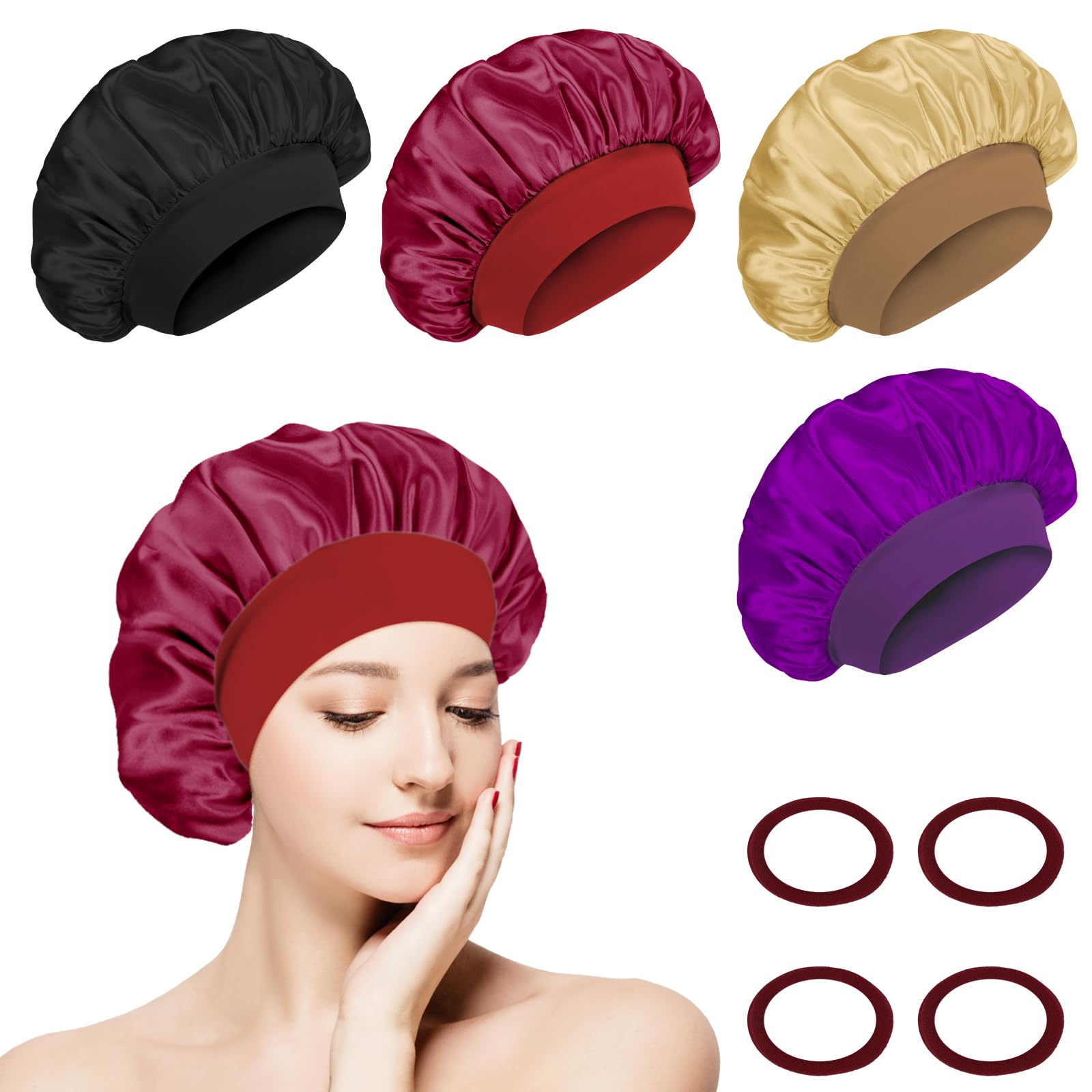 Flintronic 4PCS Satin Haarhaube, Satin Seiden Schlafmütze, Nacht Schlafhaube, Schlafhaube Haare Schützen, Satinhaube Zum Schlafen, Für Damen Und Mädchen Khaki + Schwarz + Rot + Lila Angebot bei HelloDeals