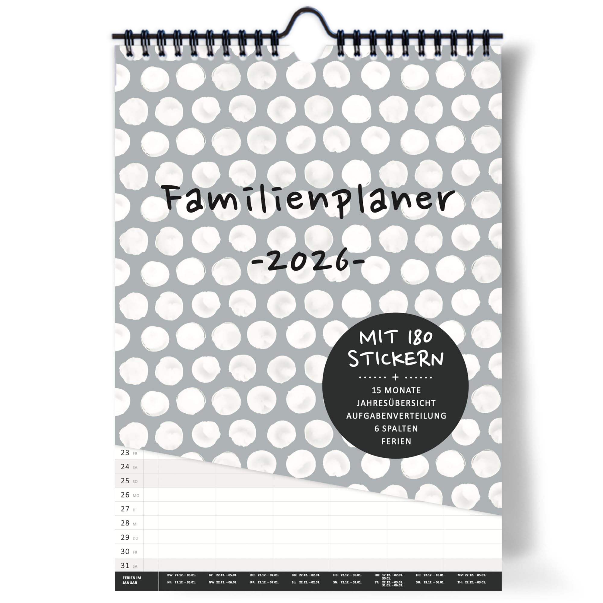 XXL Familienplaner 2026 6 Spalten Wandkalender | DIN A3 I Zum Aufhängen in der Küche |Familienkalender & Sticker, Ferientermine, Jahresübersicht, extra Seite für Urlaubsplanung… 2026 GRAU Angebot bei HelloDeals