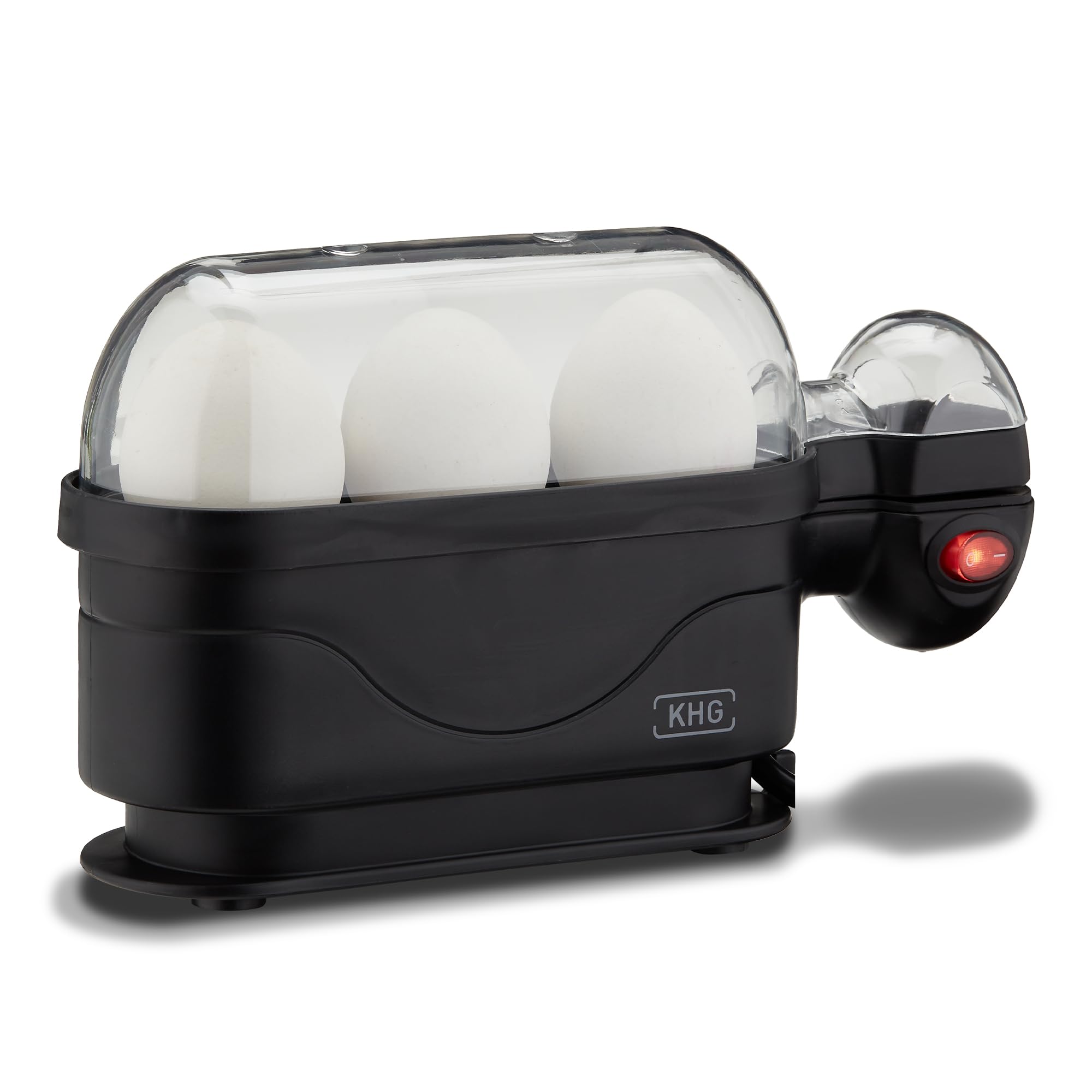 KHG Eierkocher | für 3 Eier, Aluminium Schwarz | mit Warmhaltefunktion im modernen Design sehr einfache Bedienung mit Alarmfunktion 380 Watt, platzsparend, TÜV Siegel, Messbecher Angebot bei HelloDeals