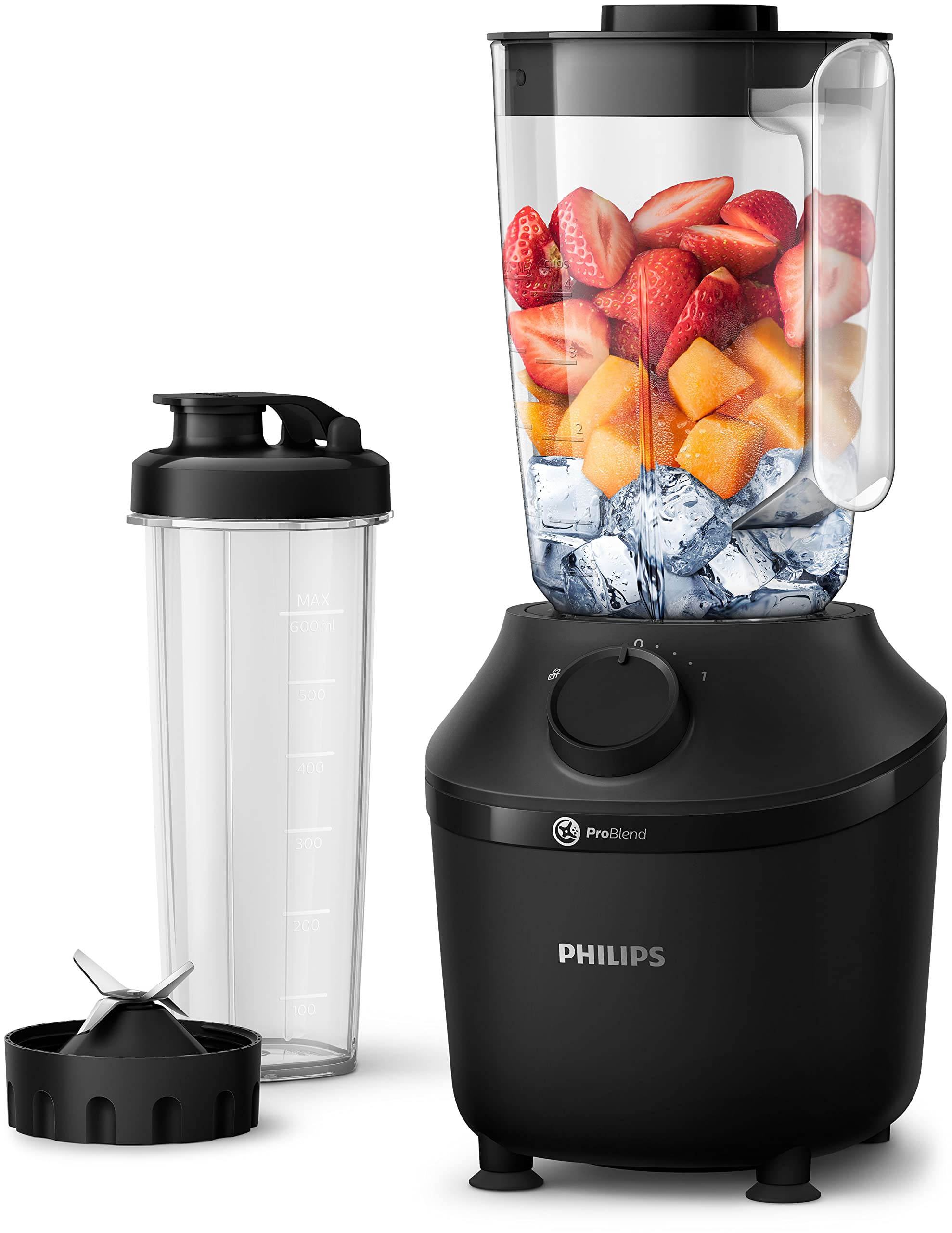 Philips Standmixer und Smoothie Maker – 450W, 1.9-Liter-Behälter, Rezepte-App, 1 Geschwindigkeitsstufe + Impulsfunktion, ProBlend, Ice-Crush-Funktion und mobile Trinkflasche (HR2041/41) Standmixer 450W Angebot bei HelloDeals