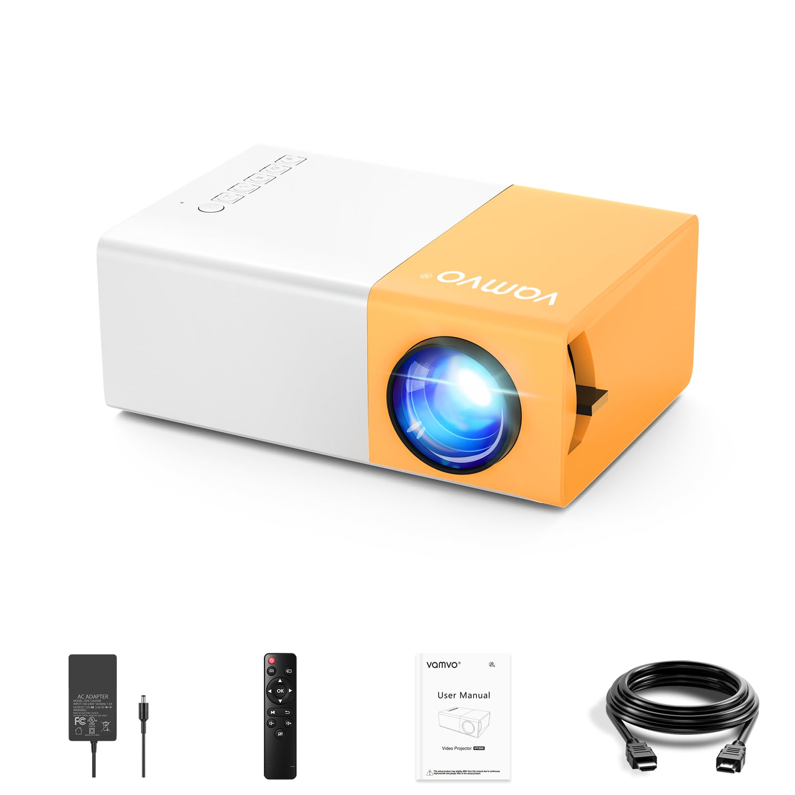 Vamvo Mini Beamer YG300Pro, tragbarer LED-Videoprojektor, kompatibel mit Smartphone/PS4/Fire Stick, 1080p Full HD, Bluetooth 5.4 Audio, Yellow+White, HDMI/USB/3,5 mm Klinkenstecker Angebot bei HelloDeals