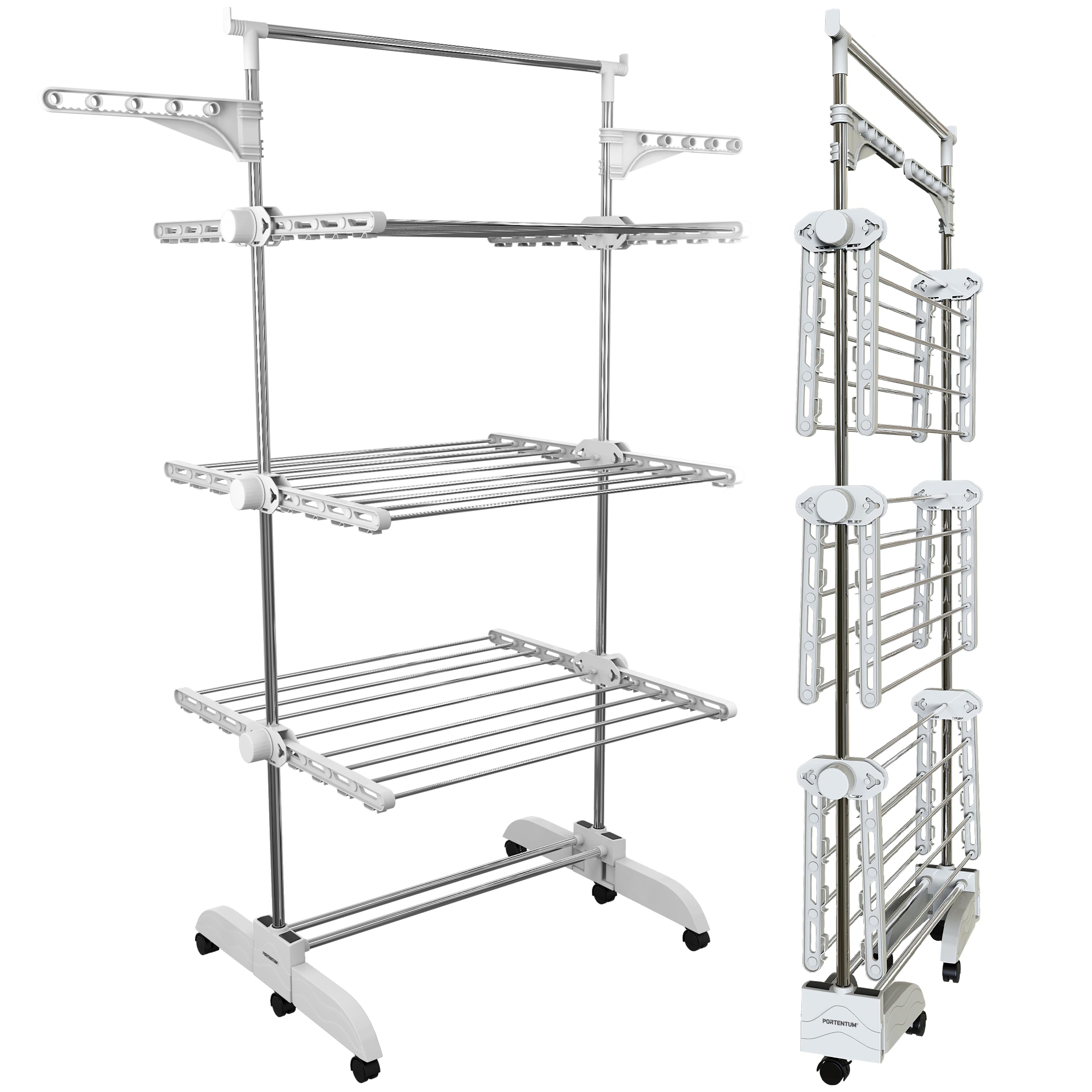 PORTENTUM Wäscheständer Turm klappbar 14 cm mit 5 Ebenen und 58 Haken für Kleiderbügel – Bis 40 kg – ständer mit 24 Edelstahlstangen – Für Innen- und Außenbereich – Rollen mit Feststellbremse Angebot bei HelloDeals