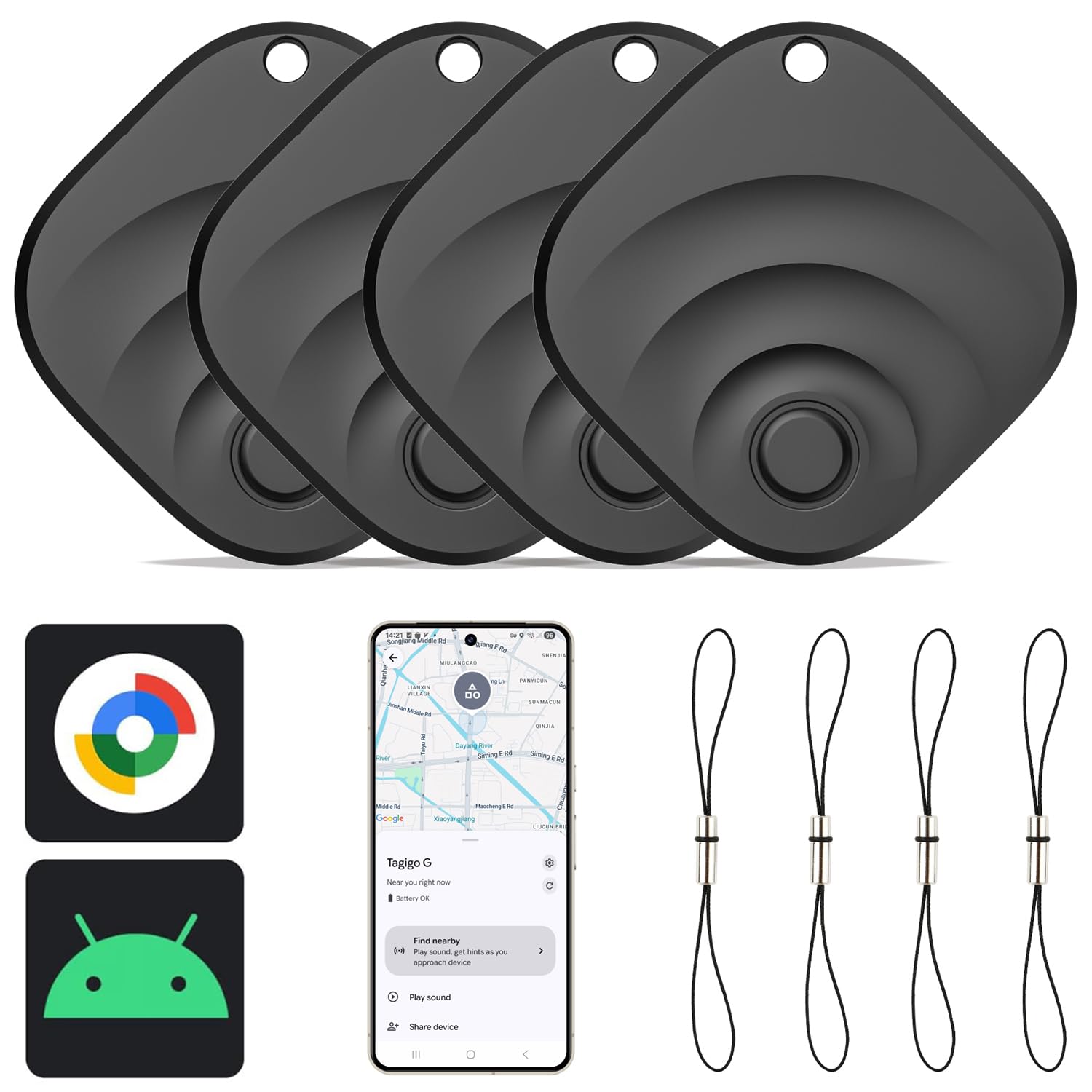 Reyke Tracker Android, Smart Tag kompatibel mit Google Find My (nur für Android), Schlusselfinder für Schlüssel, Gepäck, Koffer, Brieftasche, 4 Stück 4 Pack Schwarz Angebot bei HelloDeals