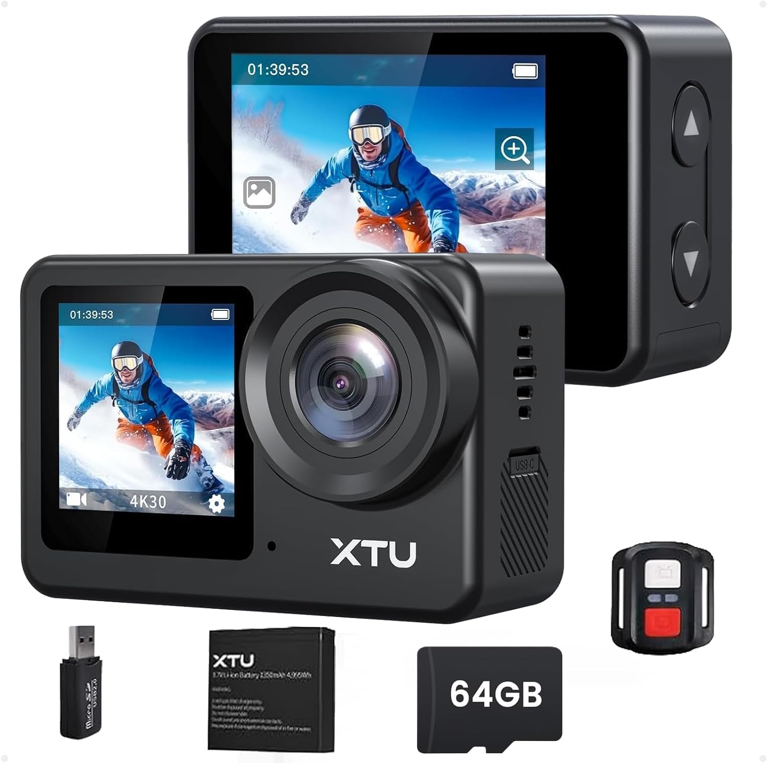 XTU S6 Action Cam 4K30FPS 20MP Ultra HD 2,0 Zoll LCD Touchscreen 40M Unterwasserkamera mit 64GB U3 Speicherkarte,EIS Stabilisierung Action Kamera, 170° Weitwinkel, Fernbedienung und Zubehörkit DE-schwarz Angebot bei HelloDeals