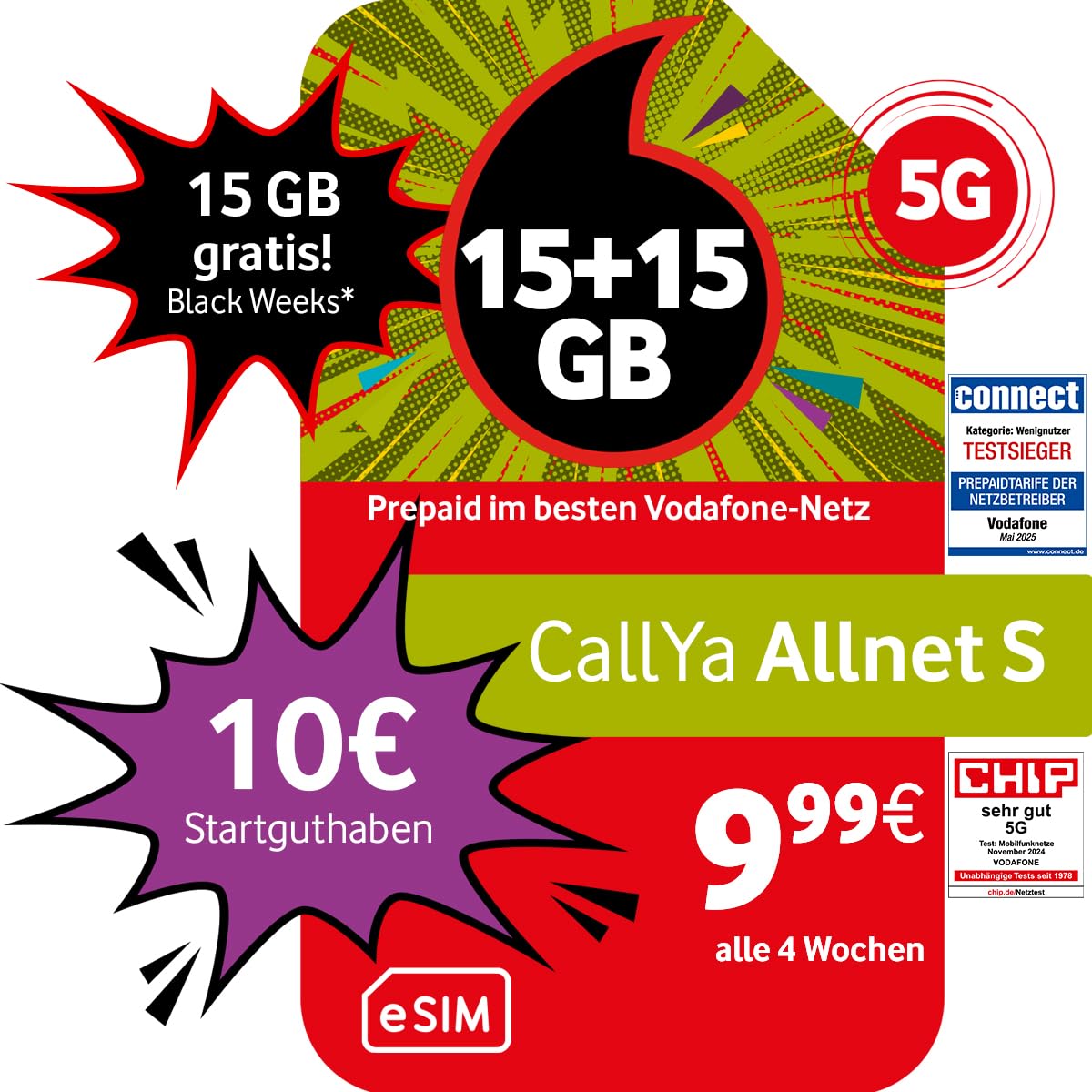 Vodafone Prepaid CallYa S eSIM | 15 GB + 15 GB on top gratis für Immer* | 10 EUR Startguthaben | ohne Vertrag | 5G-Netz | Telefon- SMS-Flat | EU-Roaming Angebot bei HelloDeals