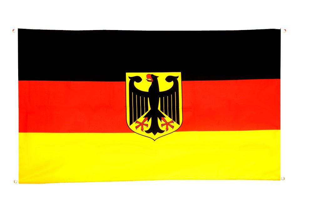 Flaggenfritze Deutschland Flagge mit Adler 90x150 cm mit 2 Metallösen, Deutschlandfahne wetterbeständig, Polyester, doppelt genäht, Fahne für Sport und Feierlichkeiten Angebot bei HelloDeals