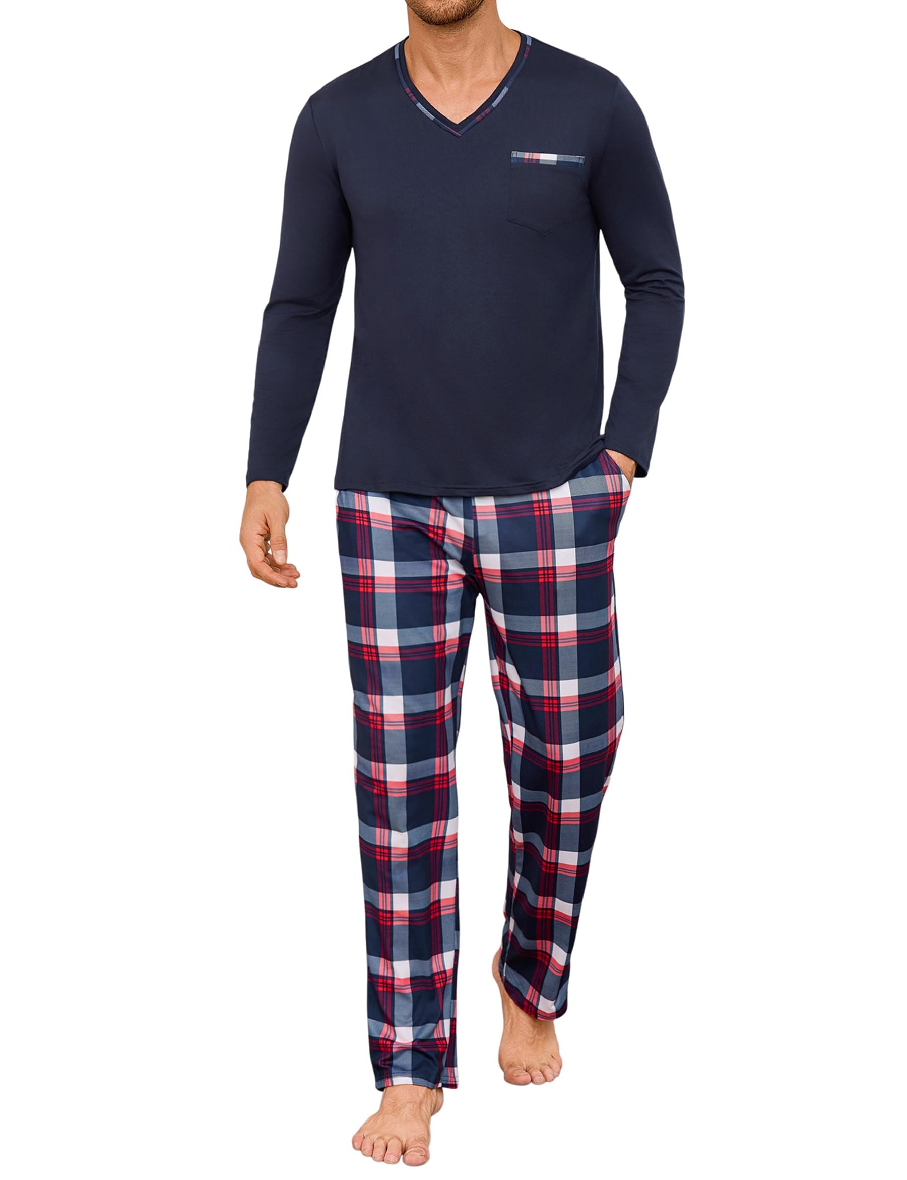 Schlafanzug Herren Lang Baumwolle Pyjama Zweiteiler mit V-Ausschnitt & Karohose für Herbst und Winter Marineblau L Angebot bei HelloDeals