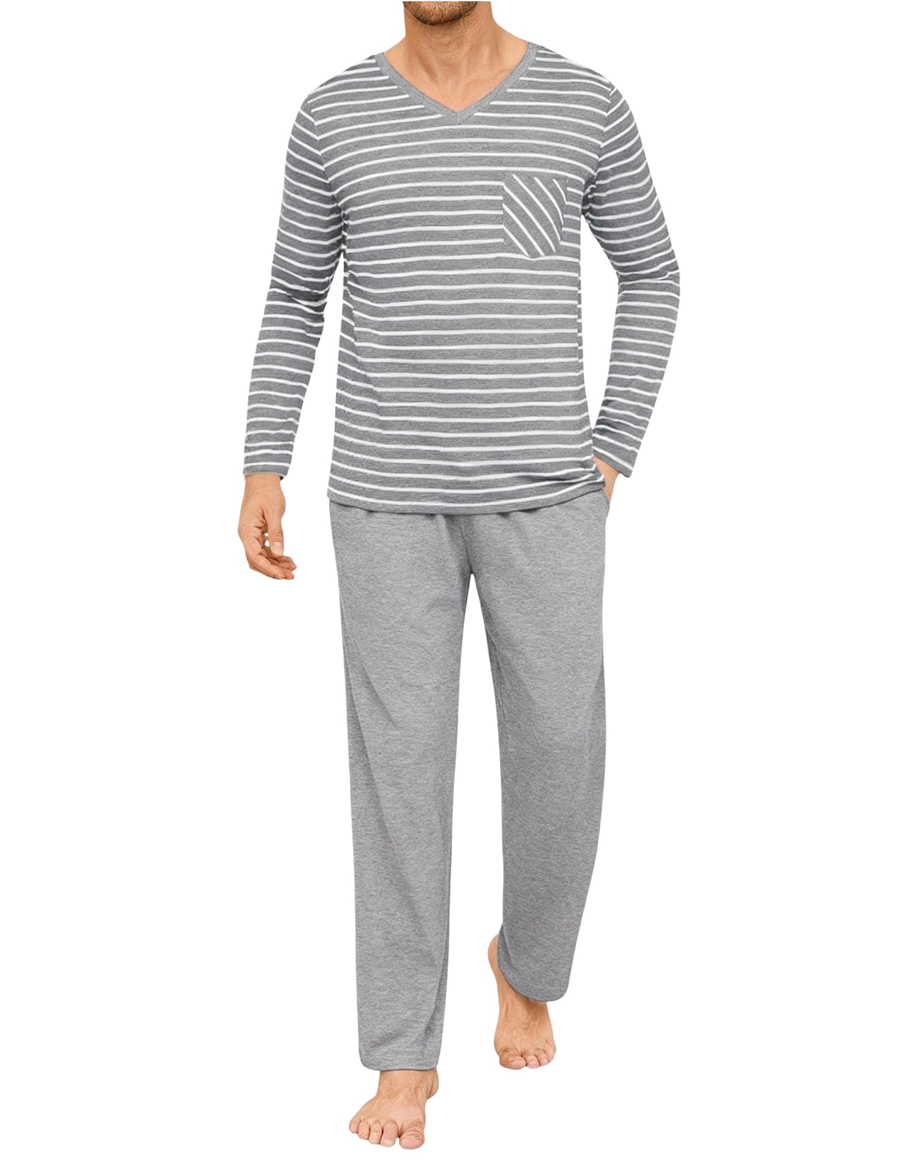 Herren Schlafanzug Lang Pyjama Baumwolle Winter Hausanzug Zweiteilige Pyjamas mit Langarmshirt und Pyjamahose für Männer Hellgrau XL Angebot bei HelloDeals