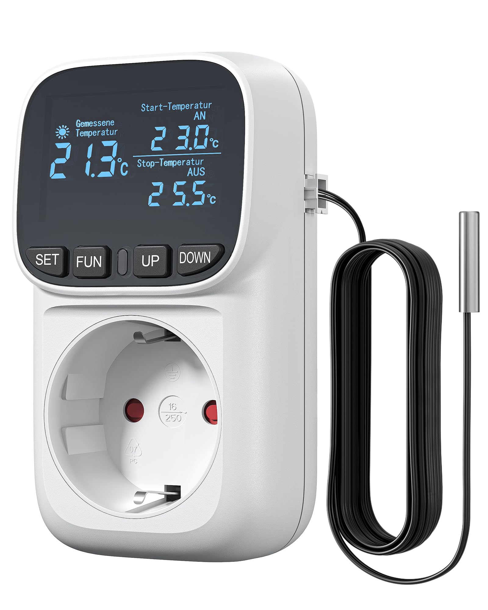 DEWENWILS Temperaturregler, Deutsches Display, Temperaturschalter mit Fühler 230V, Digital Thermostat Steckdose, Temperaturwächter mit Heiz- und Kühlmodus für Gewächshaus, Terrarium, Kühlschrank Angebot bei HelloDeals