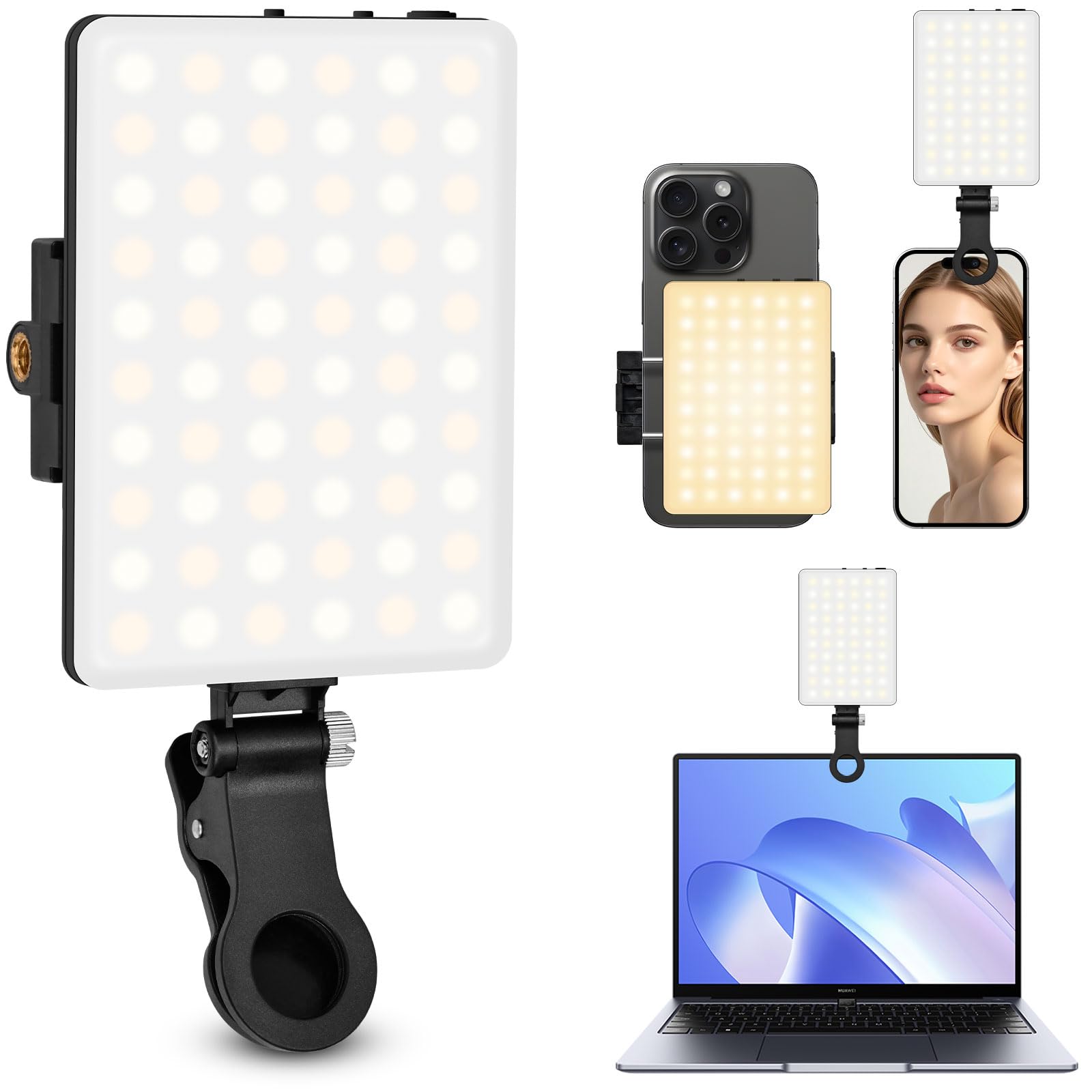Selfie Licht, 2500-9500K 3 Lichtmodi Handylicht mit 60 LED Lampenperlen, 2000mAh Akku Videolicht mit Klammer Telefonhalter, CRI 95+ Fotolicht für iPhone, iPad, Laptop, Camera Angebot bei HelloDeals