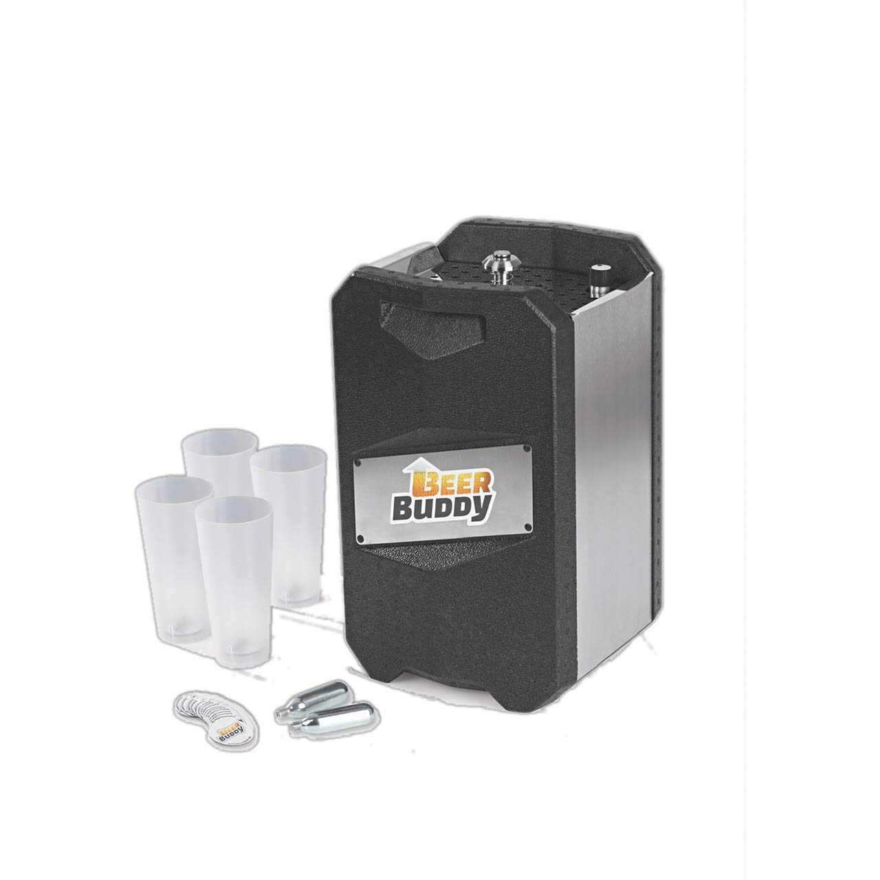 Beer Buddy Version 2023 Bottoms Up Beer Zapfanlage mobil, da ohne Strom. Für alle 5 Liter Partyfässer. Starterpaket inklusive Mehrwegbecher, Co2 Kapseln und Magneten. Angebot bei HelloDeals