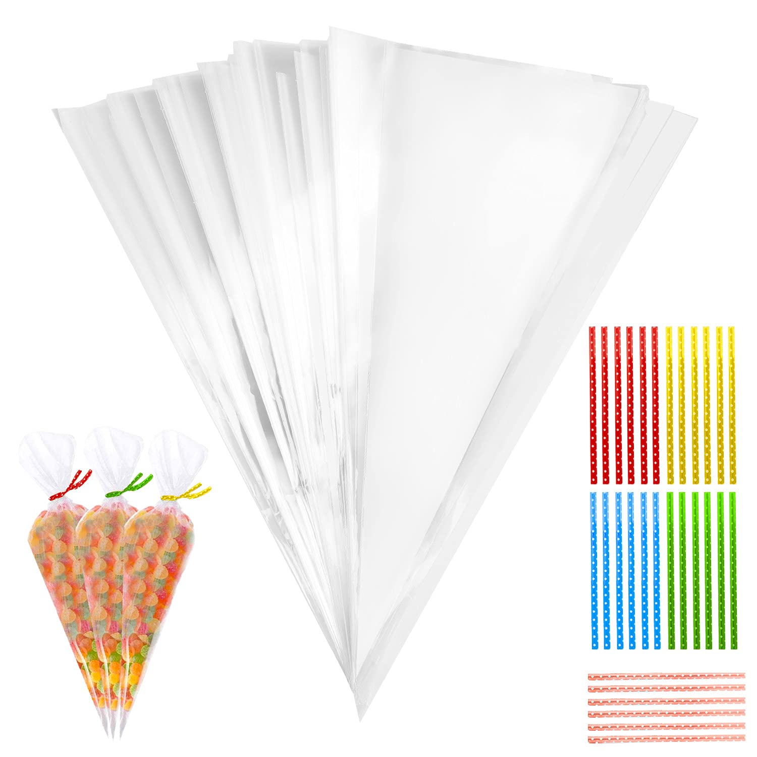 100 Stück Süßigkeiten Tüten, 25x13cm Candy Bar Tüten Spitztüten Transparent Cellophantüten Weihnachten mit 100 Twist Ties Geschenktüten für Kekse Schokolade Bonbons Hochzeit Halloween Angebot bei HelloDeals