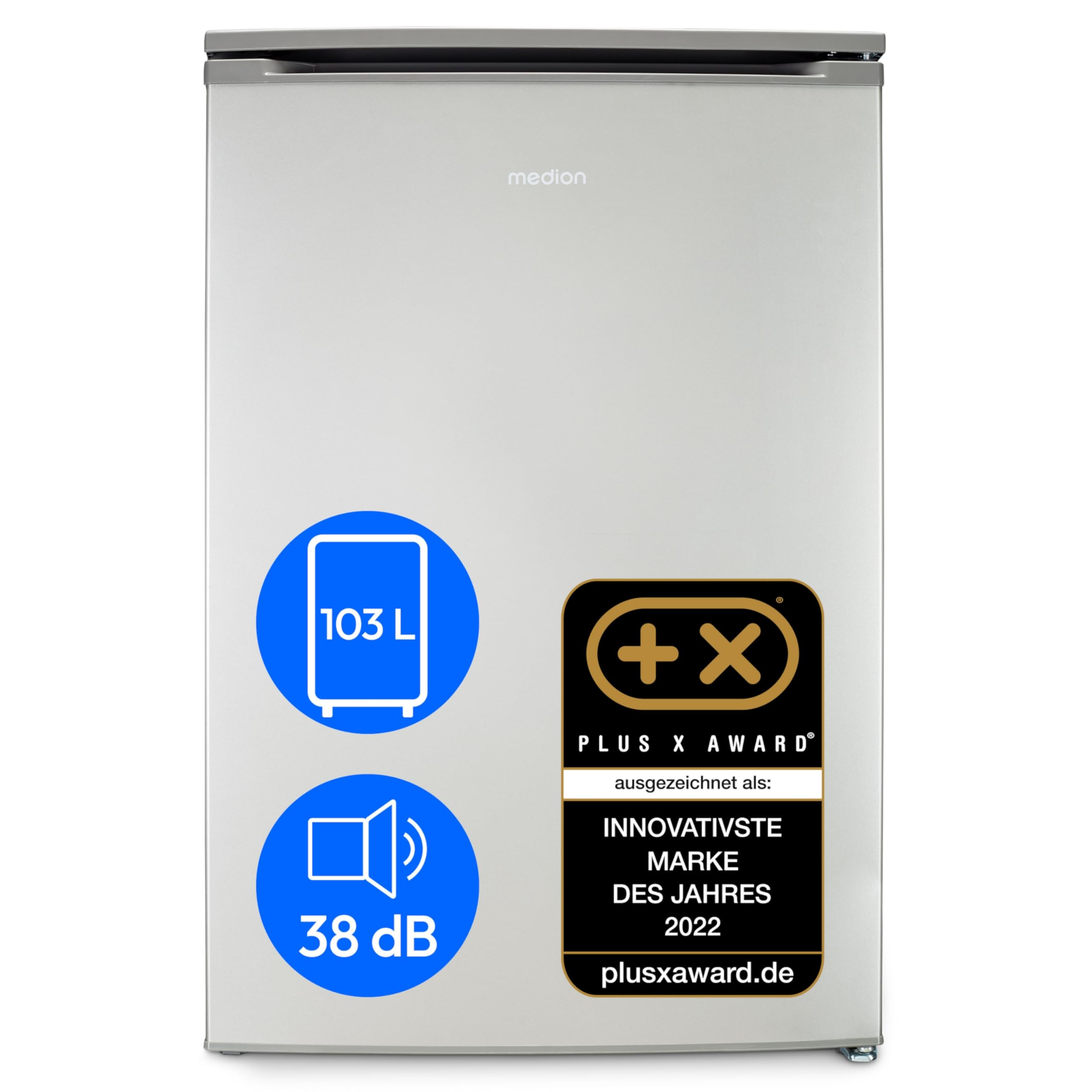 MEDION Gefrierschrank (103L Fassungsvermögen, Less Frost, höhenverstellbare Füße, 84cm hoch, 3 transparente Schubladen, Türanschlag wechselbar, freistehend, MD37777) silber 103 Liter Silber Angebot bei HelloDeals