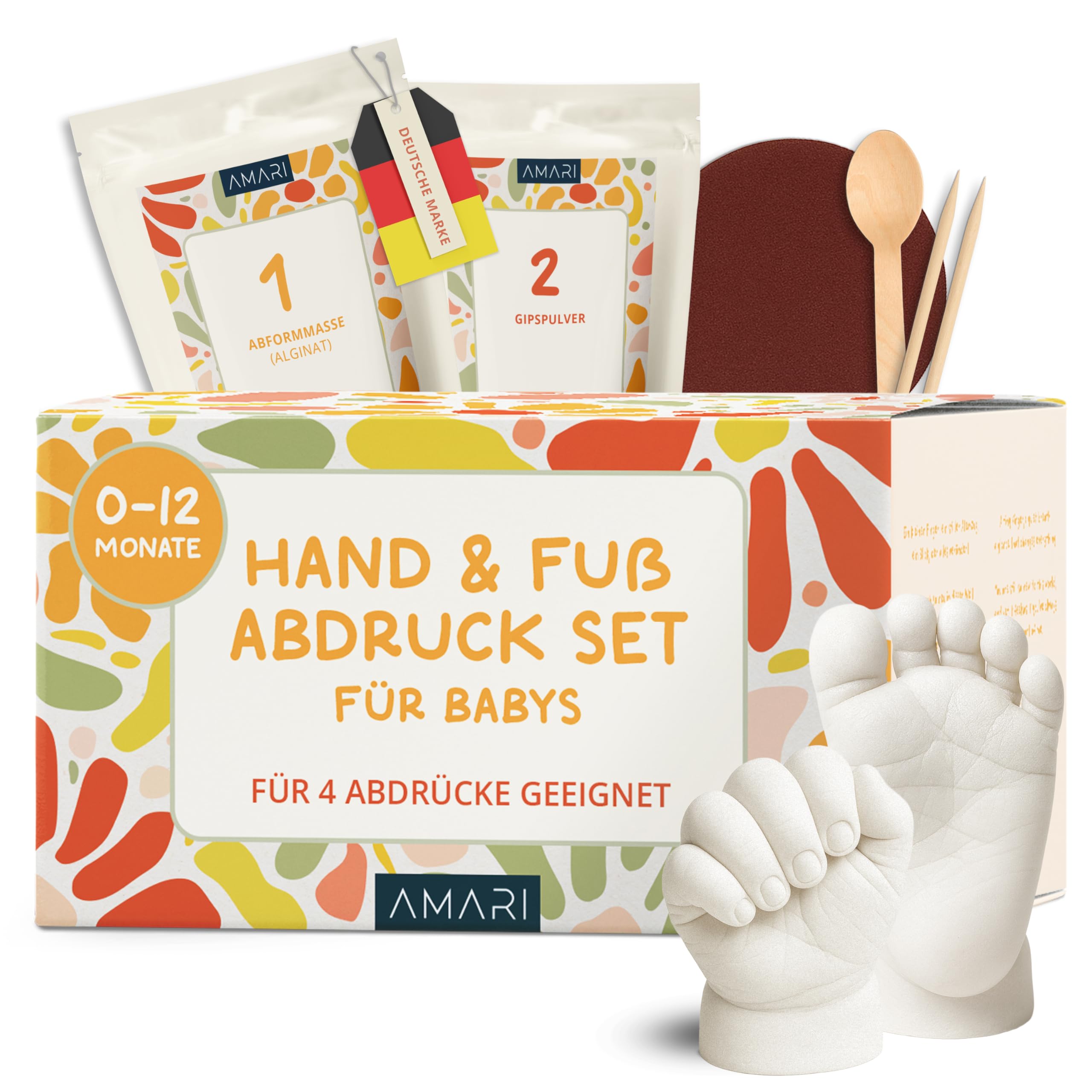 Amari ® Baby Gipsabdruck Set – Baby Hand- und Fußabdruck Set mit hochwertiger Verpackung – Erinnerung für die Ewigkeit – Inklusive Gips, Formmaterial und Anleitungen –Geschenk zur Geburt Angebot bei HelloDeals