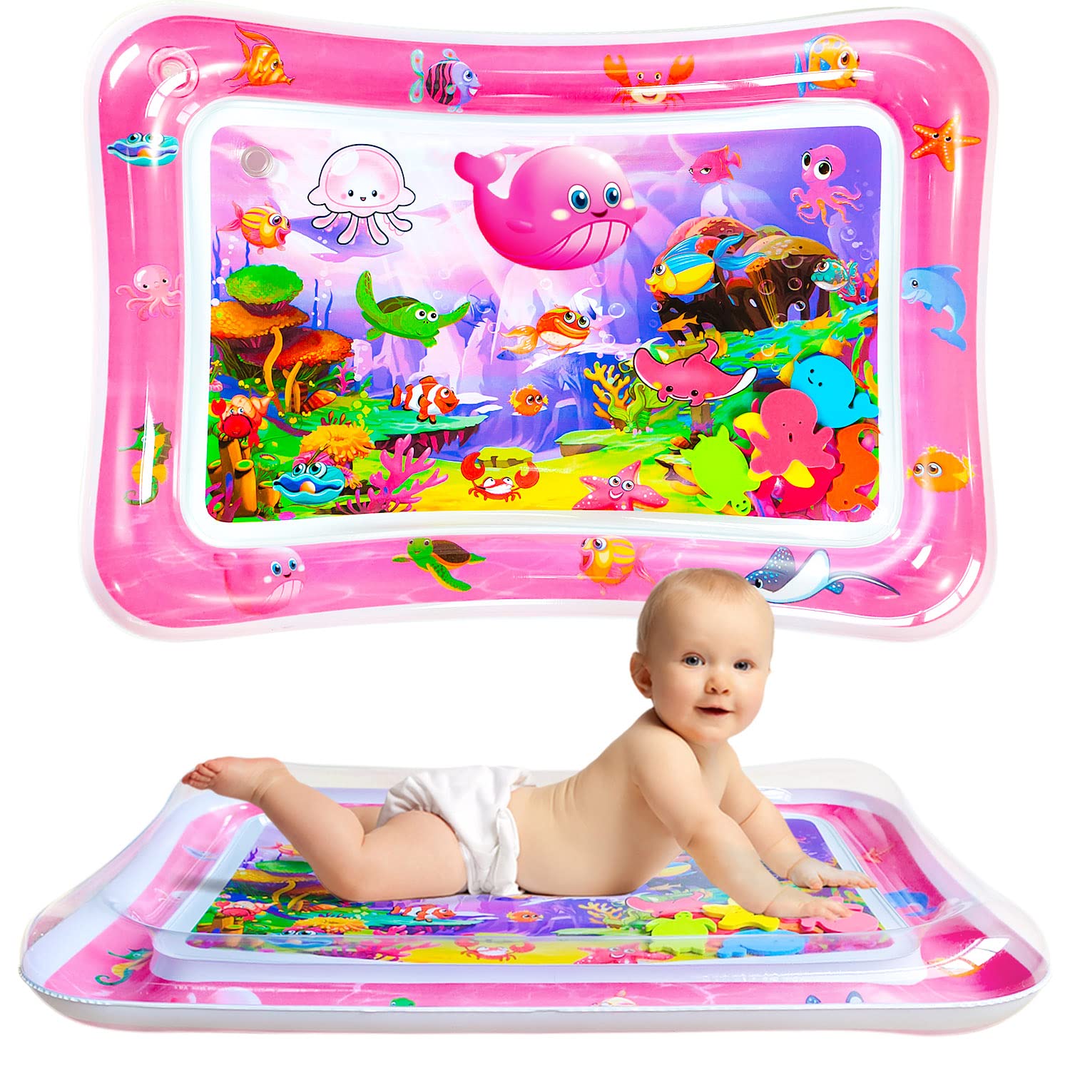 Baby Wassermatte BPA Frei, 70x50 cm Aufblasbare Bauchzeit Matt Spielmatte mit 6 Meerestieren, Sensorik Wassermatte für Babys von 3-36 Monaten, Tragbare Reise Wasseraktivitätsmatte (Rosa) Rosa-Klein Angebot bei HelloDeals