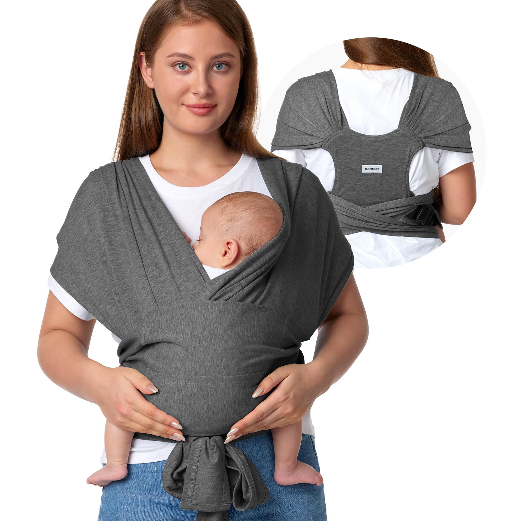 Momcozy Baby Tragetuch Neugeborene Schnalle, einfach zu tragenes Babytragetuch im T-Shirt-Design,für Babys von 3,6-15,8kg, verstellbares Schnallen-System für Taillenumfang von 76,2-119,4 cm, Schwarz Grau Angebot bei HelloDeals