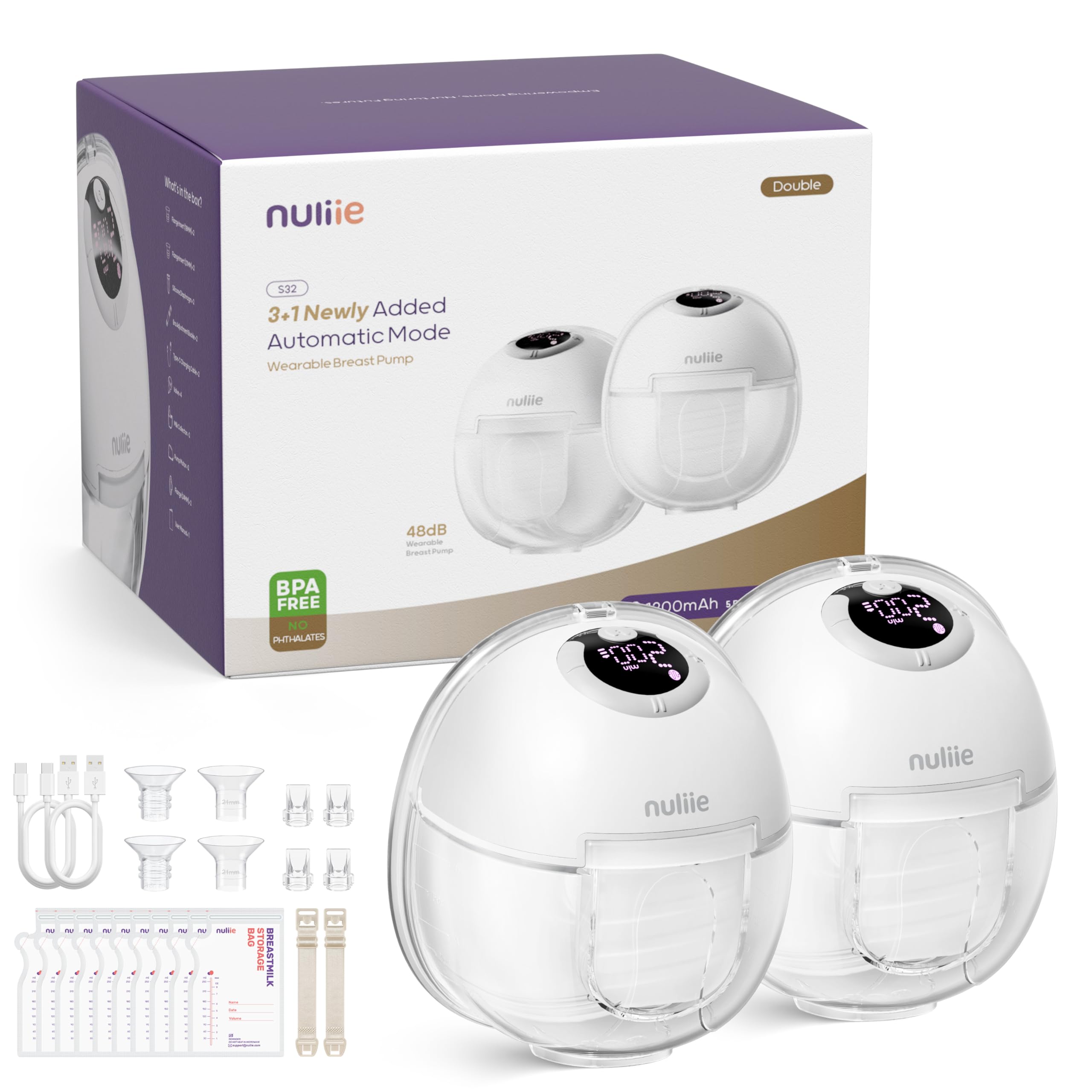 Nuliie Milchpumpe Elektrisch tragbare S32, Elektrische milchpumpe freihändig 4 Modi 9 Stufen mit 18/21/24 mm komfortabler Flansch, Privat, mit Ersatzzubehör im Lieferumfang (2 Packs, Weiß) 2 Packs Weiß Angebot bei HelloDeals