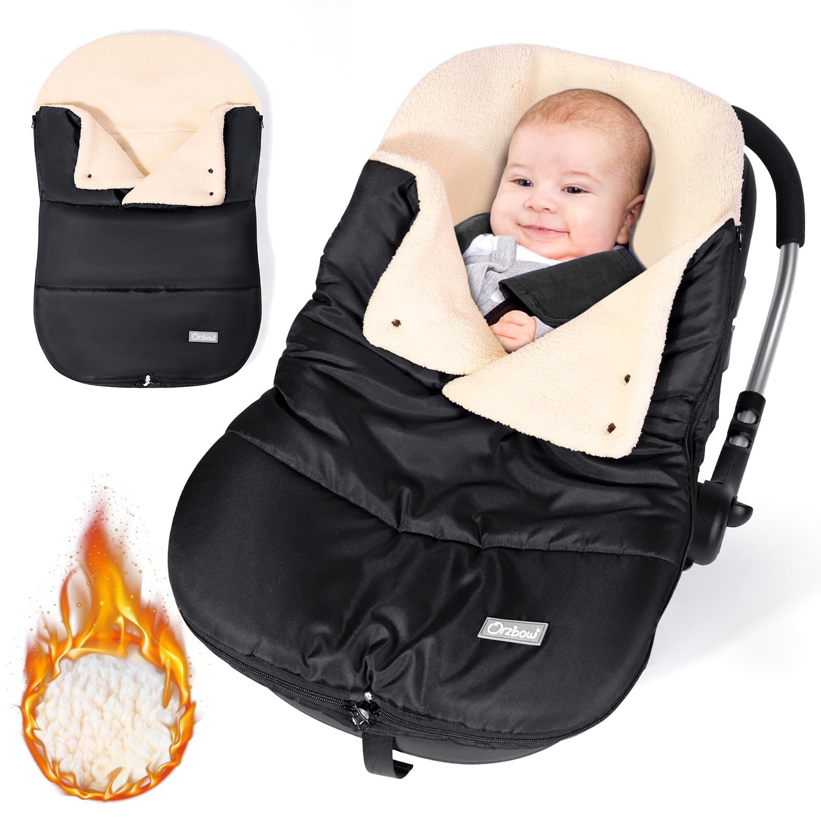 Orzbow Fußsack Babyschale Winter, Universell Einschlagdecke Babyschale Winter mit Verstellbarem Kragen, Warmes Berbervlies Futter, Reißverschluss, passend für Maxi-Cosi, Cybex, Römer usm. (Schwarz) Schwarz - Berber Fleece Futter Angebot bei HelloDeals