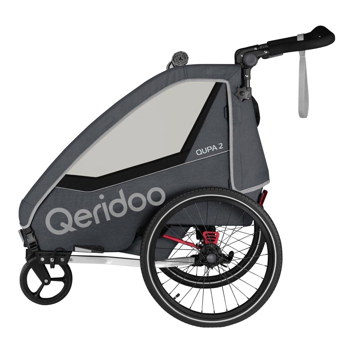 Qeridoo Fahrradanhänger QUPA 2 Grey mit Blattfederung, zusammenfaltbare Kabine, ausbaubare Rückbank, Buggy, Trailer, Höhenverstellbarer Schiebegriff, 5-Punkt Gurtsystem, für 2 Kinder Angebot bei HelloDeals