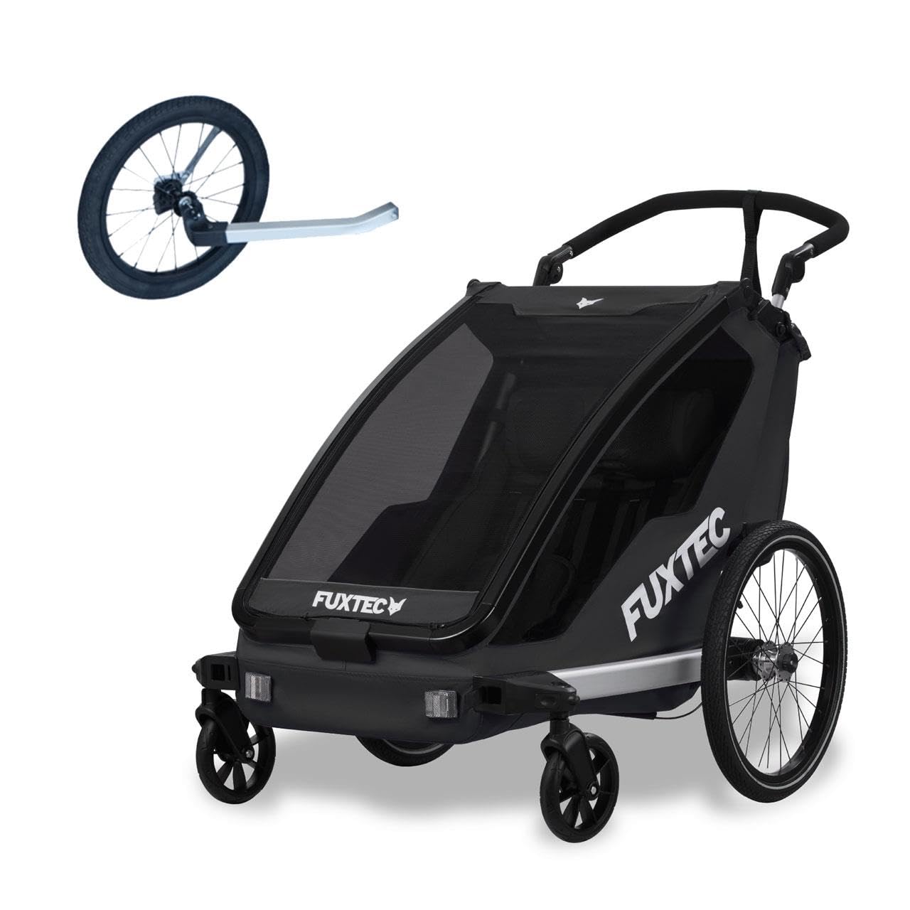 Fuxtec 2in1 Fahrradanhänger Buggy mit Joggerrad FX-FA1-SET mit Anhänger für 2 Kinder aus Aluminium - Faltbarer Kinderanhänger mit Regen- und Sonneschutz Schwarz Angebot bei HelloDeals
