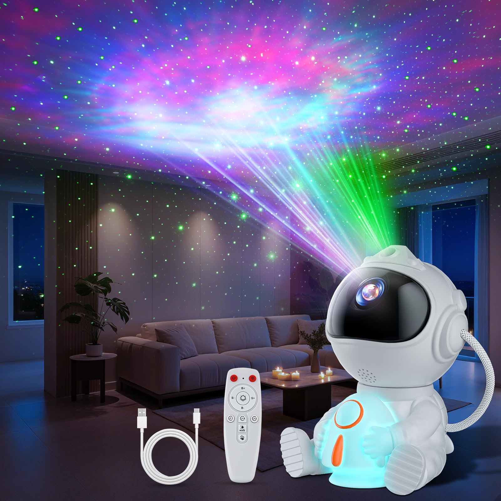 Sternenhimmel Projektor, Astronaut LED Sternenprojektor mit 8 Nebelmodi, 5 Helligkeit & Geschwindigkeit, 2 Sternenmodi & Timing, Fernbedienung Rakete Nachtlicht für Kinder Erwachsene Party Angebot bei HelloDeals