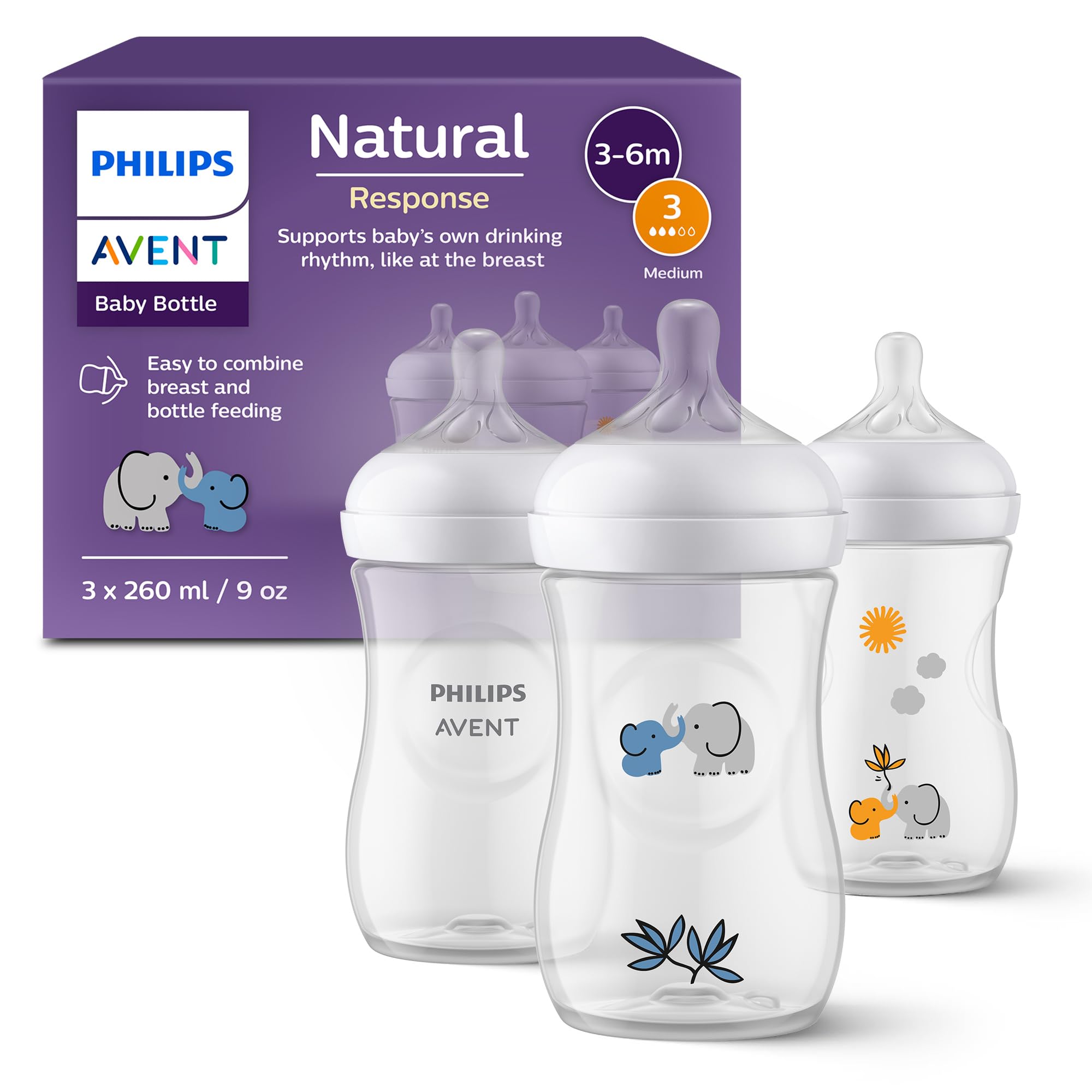 Philips AVENT Natural Response Geschenkset für Babys: 3 Natural Response Babyfläschchen (260 ml) mit T3 Saugern (ab 1 Monat), SCY903/63 Grau Gelb 1 stück (3er Pack) Angebot bei HelloDeals
