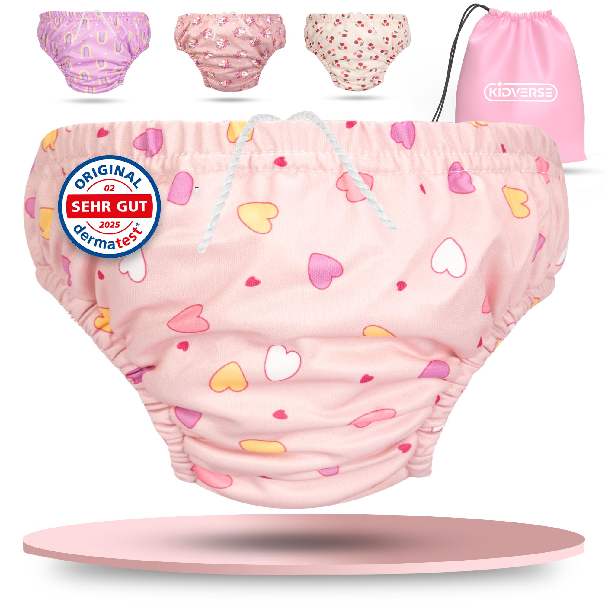 KIDVERSE Schwimmwindel Baby Badehose ab 1 bis 2 Jahre - Hautfreundliche Schwimmwindeln wiederverwendbar & saugstark - Badewindel Baby Schwimmhose inklusive Tragetasche Hearts Pink L Angebot bei HelloDeals