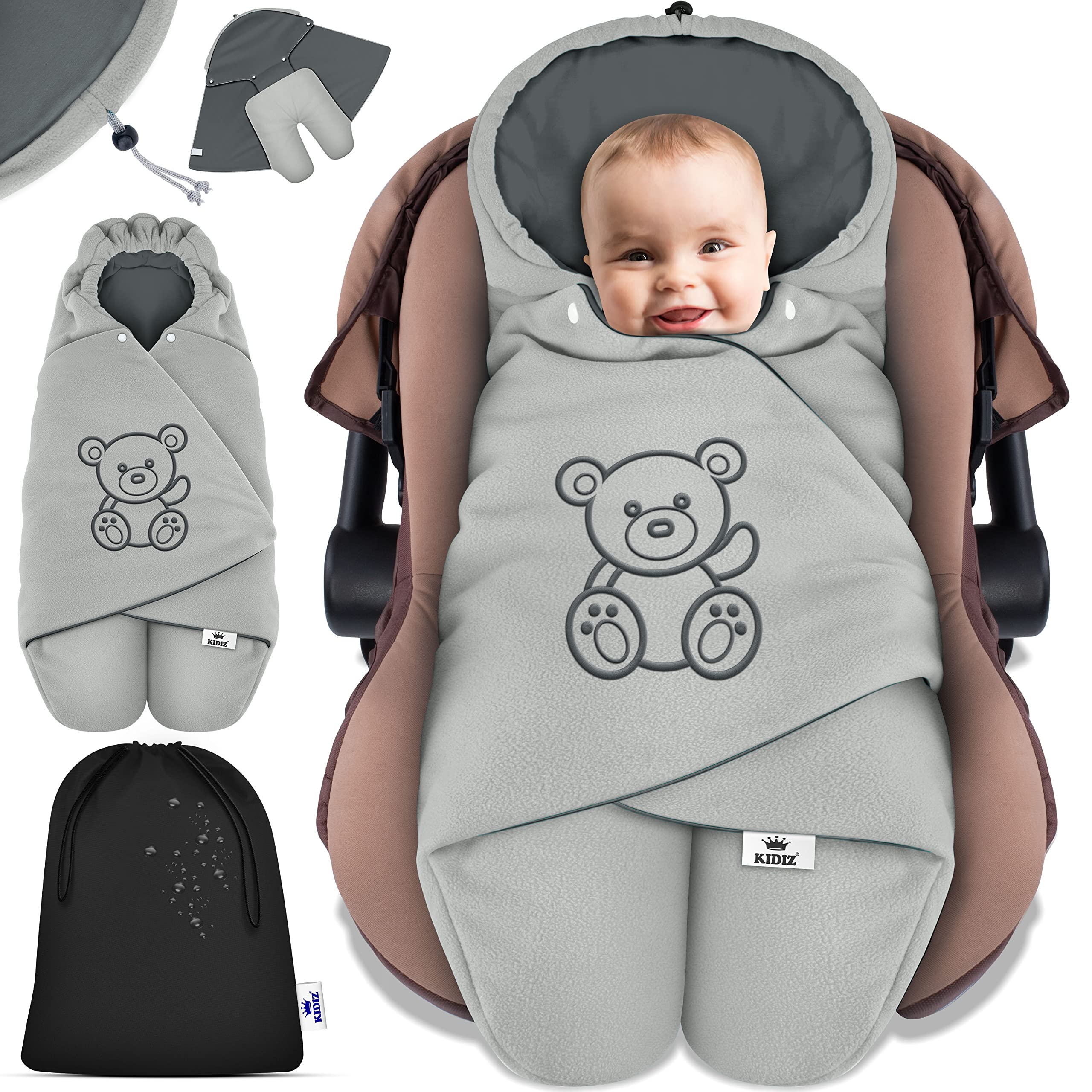 KIDIZ® Baby Einschlagdecke Babyschale Winter Herbst Babydecke mit Tasche Universal Fußsack kompatibel mit Maxi-Cosi, Römer, Buggy, Kinderwagen & Autositz isolierend gegen Wind, Nässe & Kälte Steingrau / Dunkelgrau Angebot bei HelloDeals