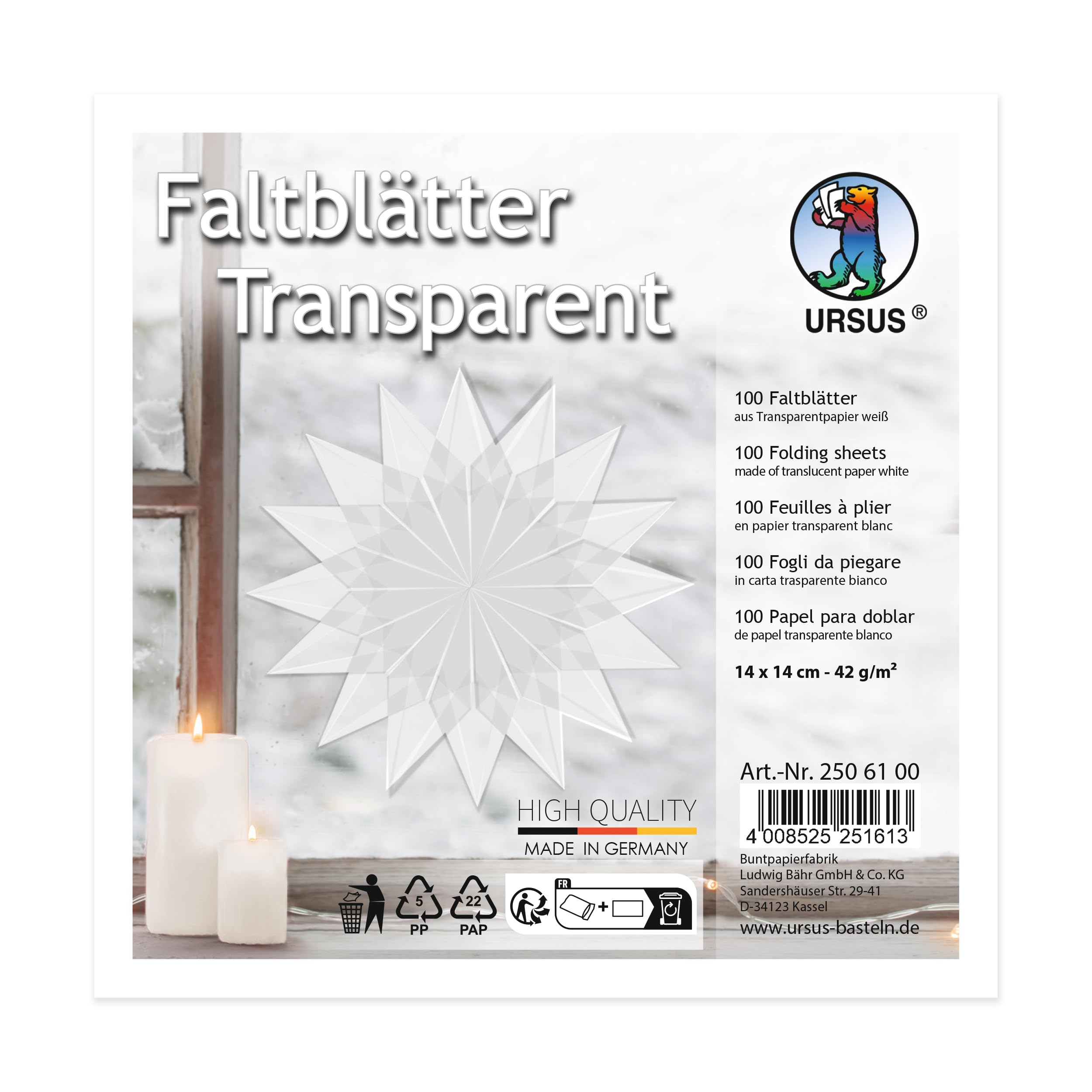 Ursus 2506100 - Faltblätter aus weißem Transparentpapier, ca. 14 x 14 cm, 42 g/m², 100 Blatt, zum Falten von transparent schimmernden Figuren, durchgefärbt Angebot bei HelloDeals