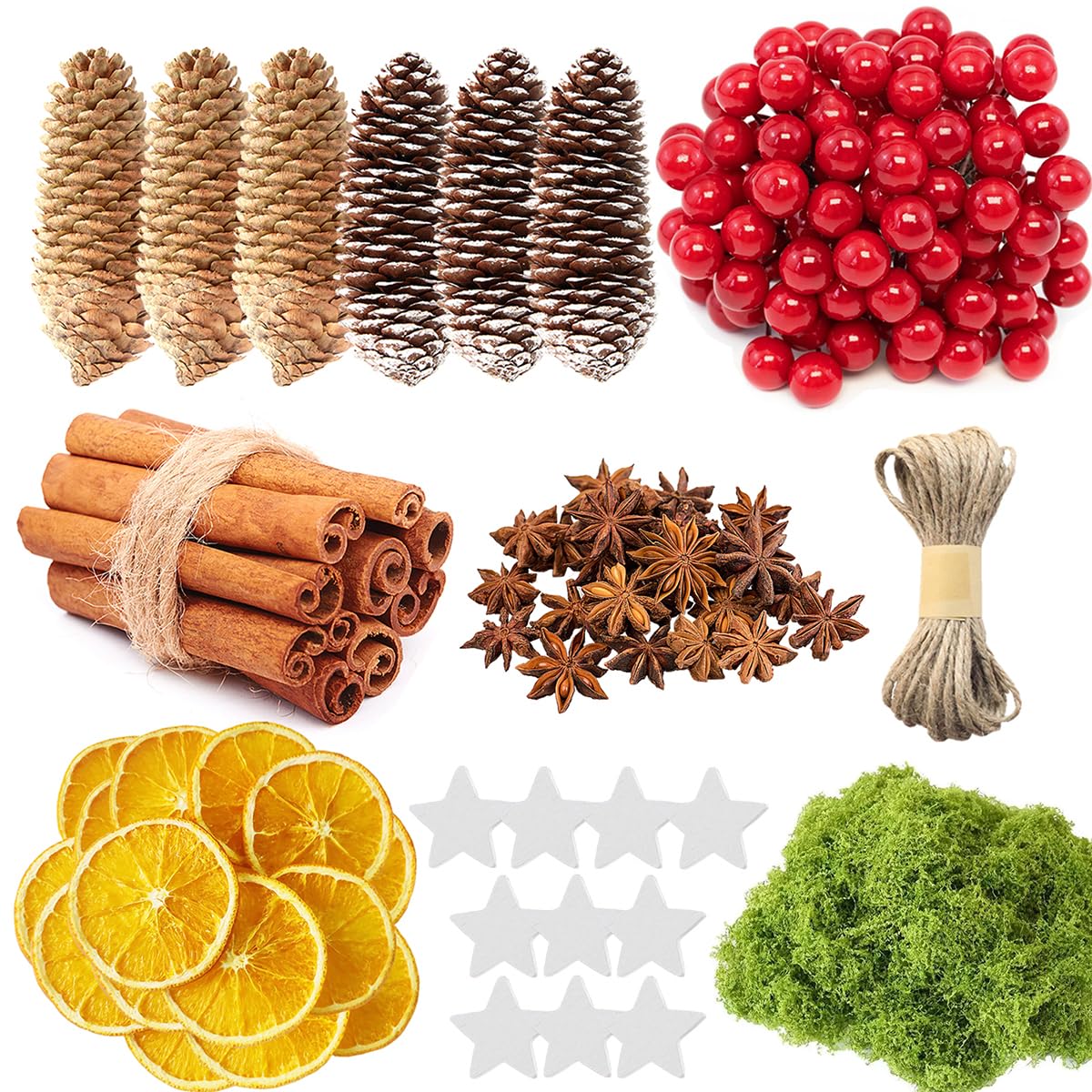 168 Stück Weihnachtskranz Deko, Natur Dekoration Weihnachten Deko Adventskranz, Potpourri Weihnachten mit Tannenzapfen, Zimtstangen, Getrocknete Orangenscheiben,Sternanis, Moos,Juteschnur Pentagramm Angebot bei HelloDeals