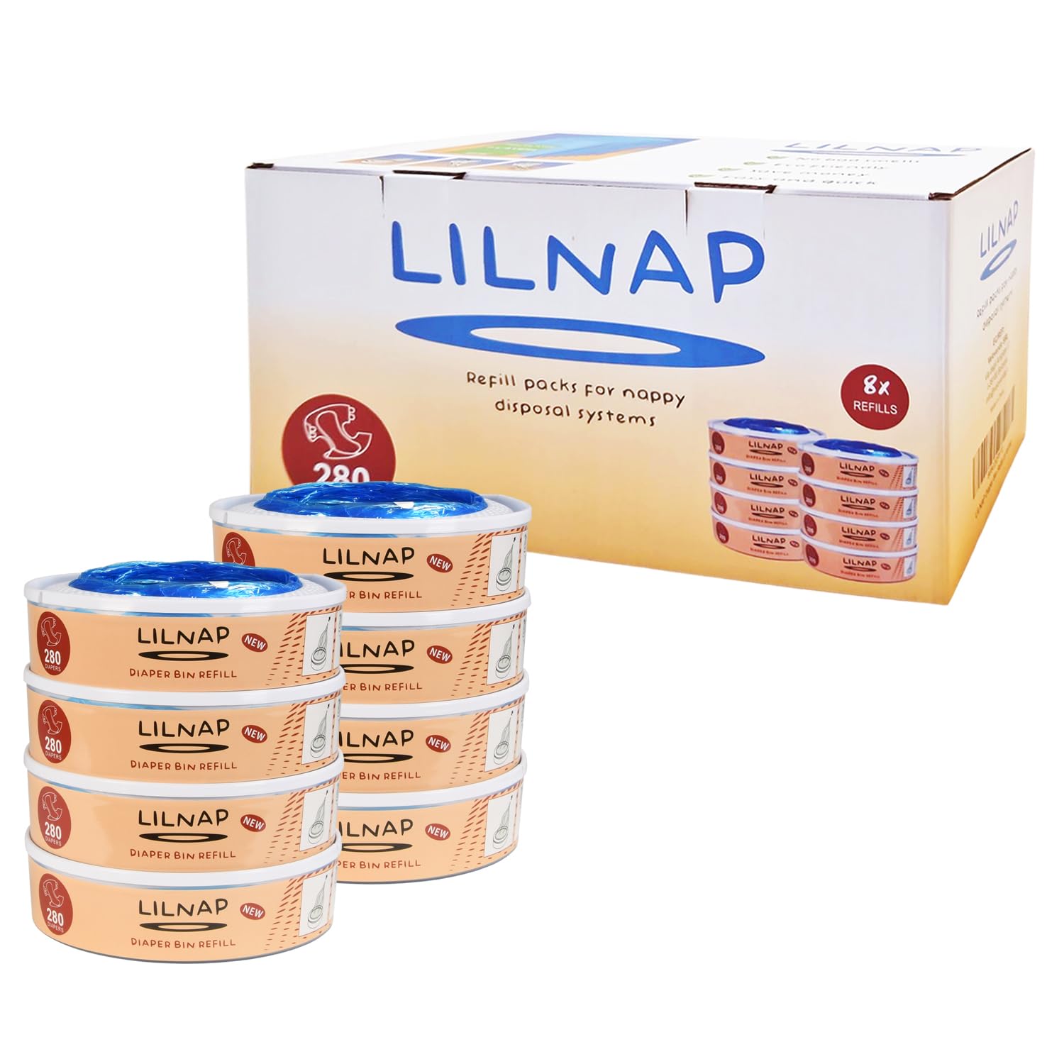 LILNAP - 8 Nachfüllkassetten kompatibel mit Angelcare Windeleimer & Litter Locker II (RUNDE KASSETTEN) - Neues Design 8 stück (1er Pack) Angebot bei HelloDeals