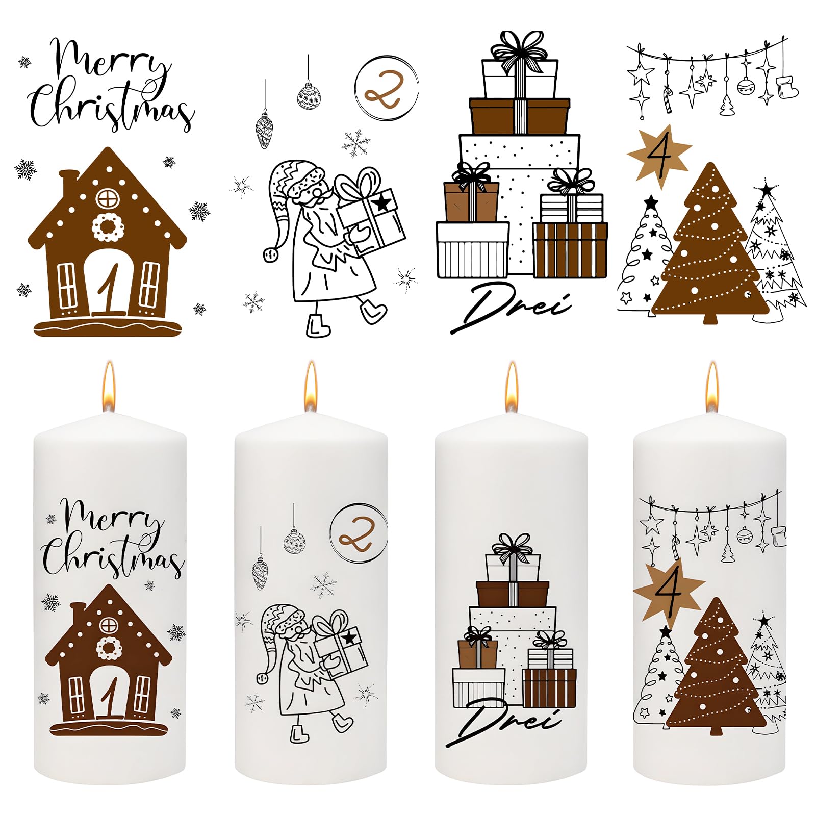 Advent Kerzen Tattoo 6-8cm | Advent Zahlen & Weihnachtsmotive Geschenk Tannenbaum | Kerzenaufkleber für Stumpenkerzen Weihnachten 1 Stück Skizze Weihnachten Angebot bei HelloDeals