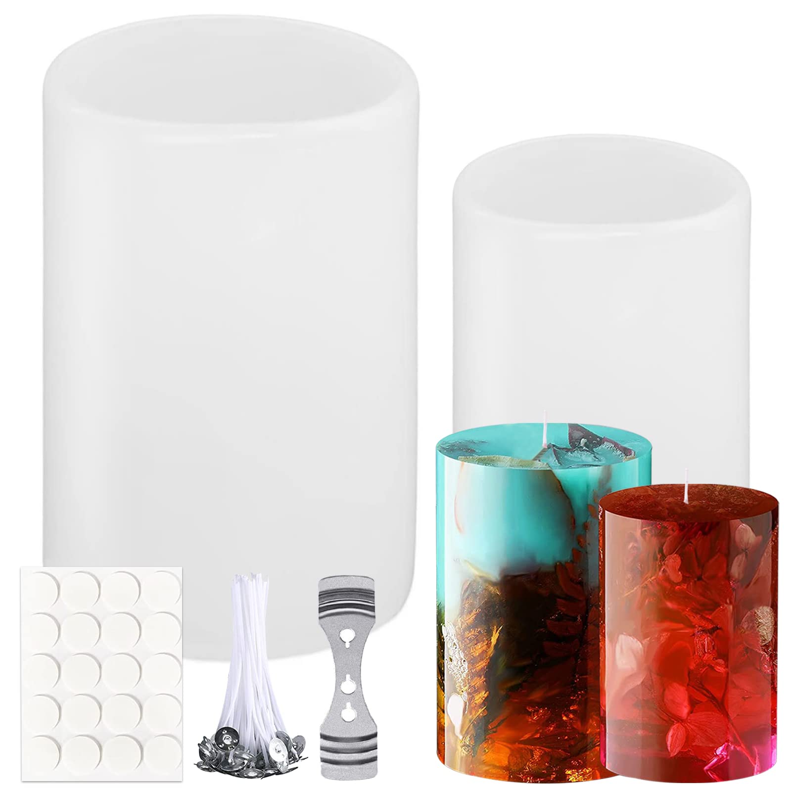 Kerzenform, 2 Stück Kerzenformen zum Gießen Silikon Set, Zylindrische Kerzenformen mit 20 Kerzendocht,3D DIY Silikonform,Handgemachte Sojawachs Kerzenform zum Gießen Handwerk Ornamente,Duftkerze,Seife Weiß-A Angebot bei HelloDeals
