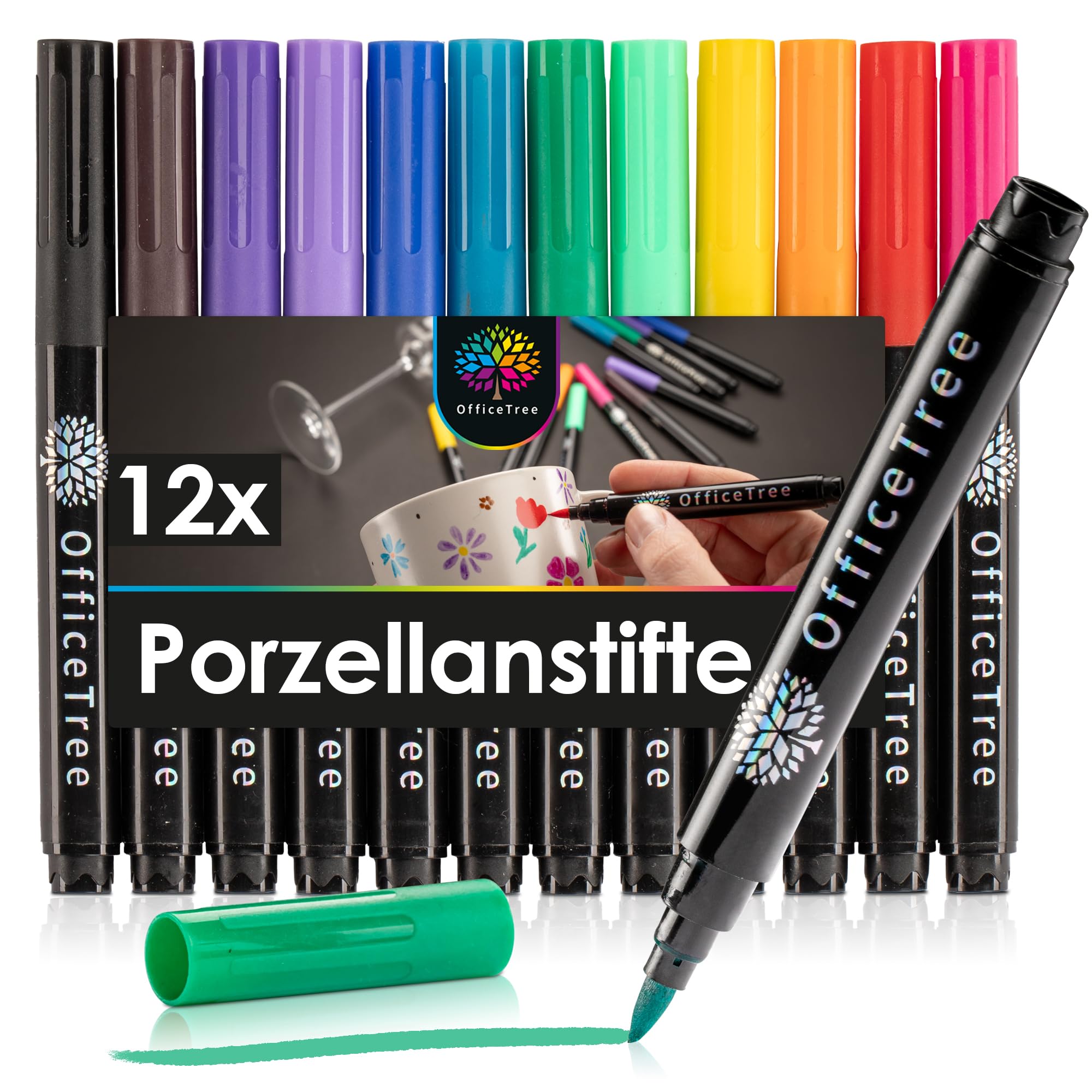 OfficeTree 12 x Porzellanstifte Spülmaschinenfest - 12 Farben - Pinselspitze - Glas und Porzellanstifte auf Wasserbasis - Keramikstifte spülmaschinenfest für Porzellan, Keramik & Glas - Porcelain Pen Angebot bei HelloDeals