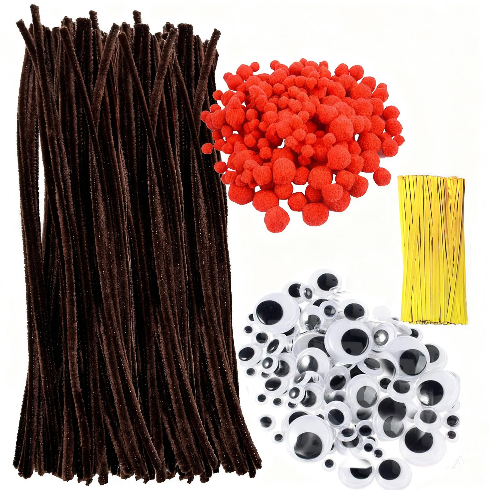 400 Stück Pfeifenreiniger Set, Braune Pfeifenputzer zum Basteln, Weihnachten Pfeifenreiniger Chenilledraht Set Mit Rote Pom Poms,Selbstklebend Bastelaugen für DIY Weihnachten Handgemacht Angebot bei HelloDeals