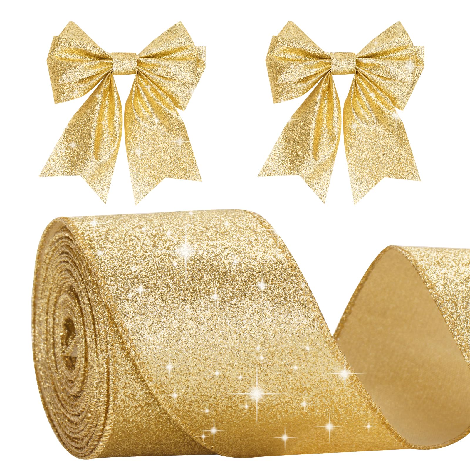 G2PLUS Gold Schleifenband mit Draht, 6CM Breite Geschenkband Glitzer, 10M Weihnachten Drahtkantenband, Gold Weihnachten Schleifenband mit Glitzer für Geschenkverpackung, Weihnachtsbäumen Deko Angebot bei HelloDeals