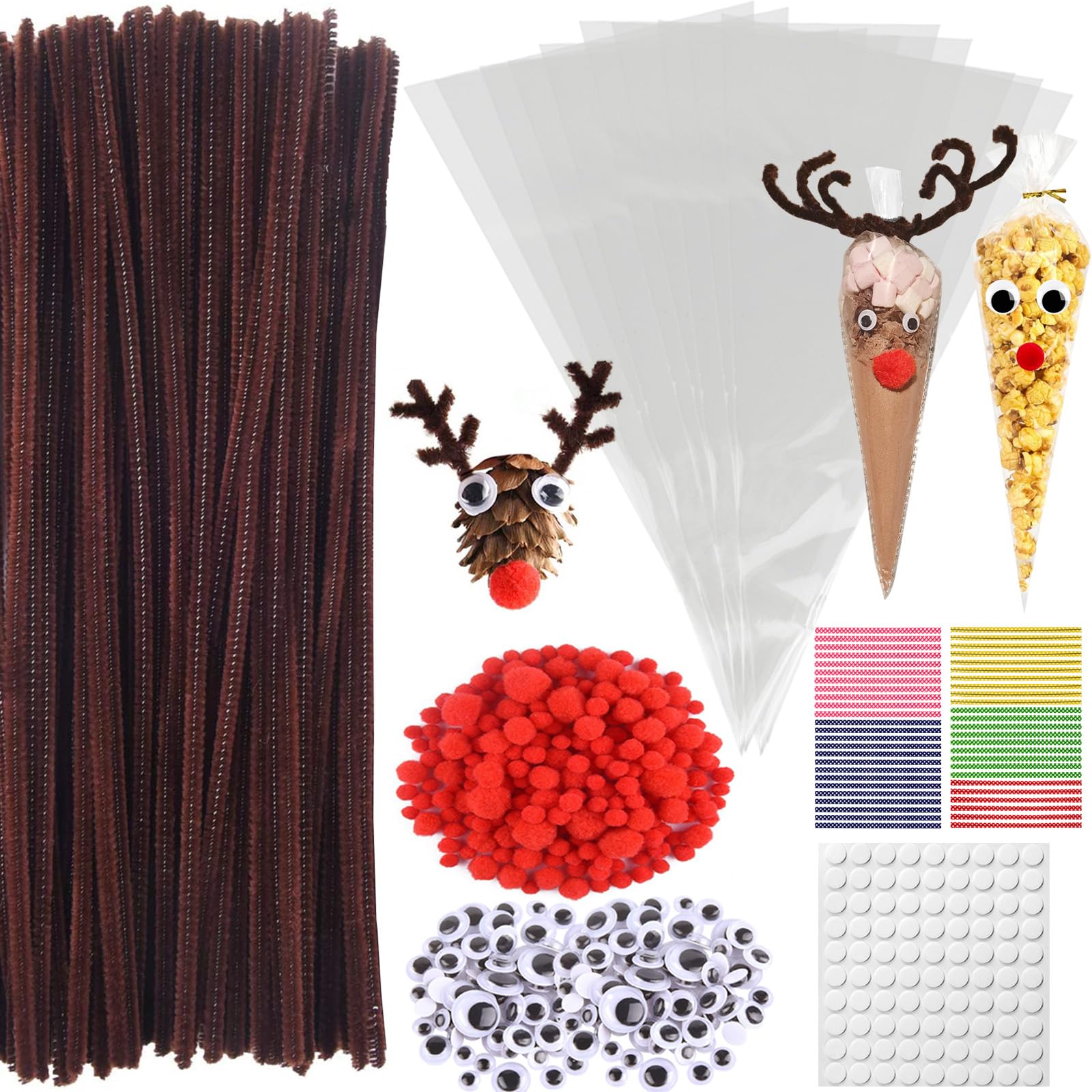 650 Stück Pfeifenputzer Braun Set, Pfeifenreiniger zum Basteln, Wackelaugen Selbstklebend, Rote Pompons, Süßigkeiten Tüten mit Twist Ties für Bonbons Kekse Rentier Bastelset Weihnachtsgeschenke Angebot bei HelloDeals