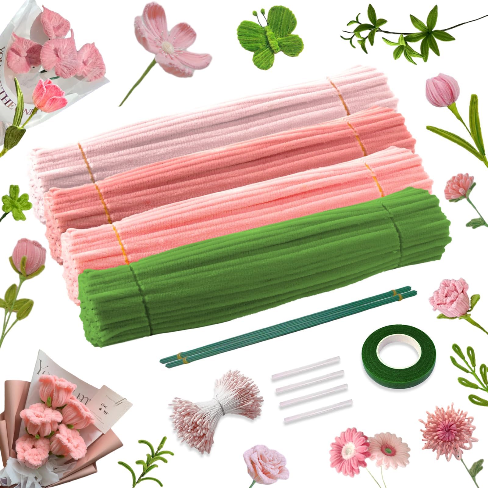 Begonia 400 Pcs Pfeifenputzer Zum Basteln, 4 Farben Pfeifenreiniger Blumen Set, Pipe Cleaner Flower,40 Blumendraht,1 Klebeband,4 Heißklebesticks,400 Blumen Staubblatt für Blumenstrauß DIY Dekorationen Rosa-Tulpe Angebot bei HelloDeals