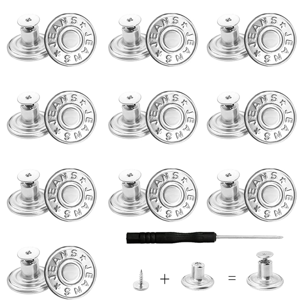 10 Stück Verstellbare Hosen Ersatz Knöpfe, Ersatz Knöpfe, Jeans Knöpfe Ohne Nähen, 17 mm Button Pins Jeans, Knöpfe Hosen Enger Machen, Metall Hosenknopf, mit Schraubendreher Angebot bei HelloDeals