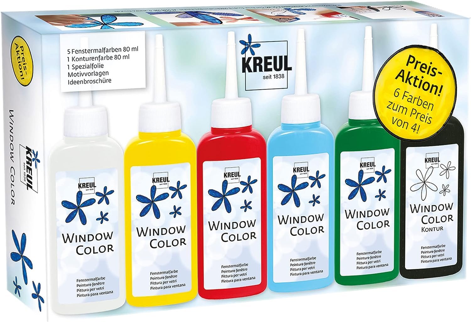 KREUL 42847 - Window Color Aktionsset, 6 x 80 ml Fenstermalfarbe in weiß, gelb, rot, blau und grün, inkl. 80 ml Konturenfarbe in schwarz, für kreative Kinder mit Spezialfolie und Malvorlagen Angebot bei HelloDeals