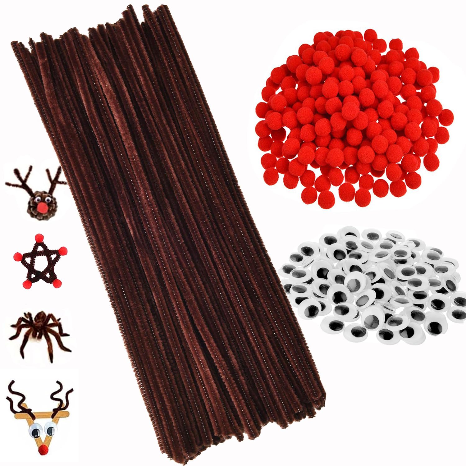 Pfeifenreiniger Braun, 400 Stück Pfeifenputzer zum Basteln mit Wackelaugen Selbstklebend Chenilledraht und Pom Poms - Weihnachtsdekoration Rentieren Bastelzubehör Angebot bei HelloDeals