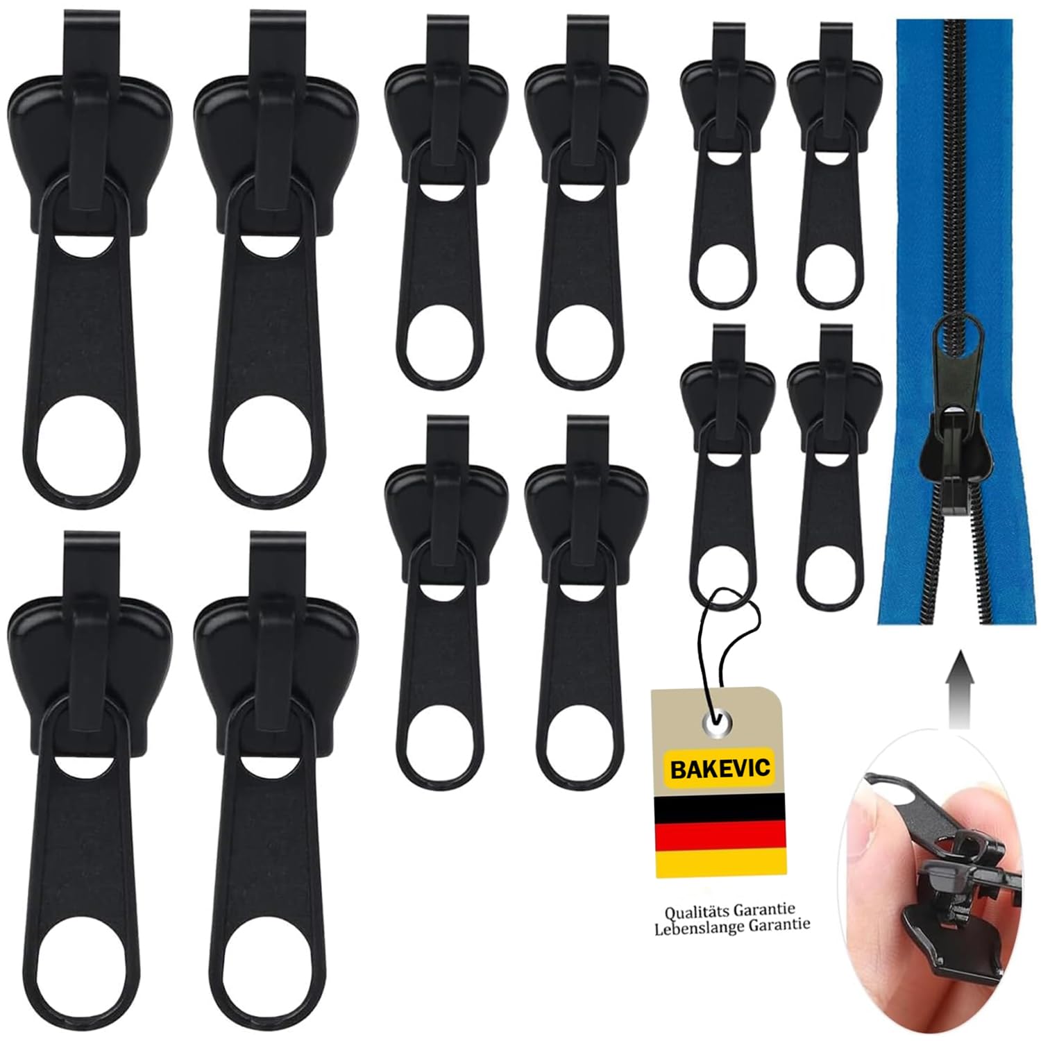 BAKEVIC Reißverschluss Zipper,12 Stück Reisverschluss Reparatur Set,Abnehmbare Zipper Pull Fixer Reparatur Set für Universal,Kleidung,Bettzug, Gepäck. Schwarz Angebot bei HelloDeals