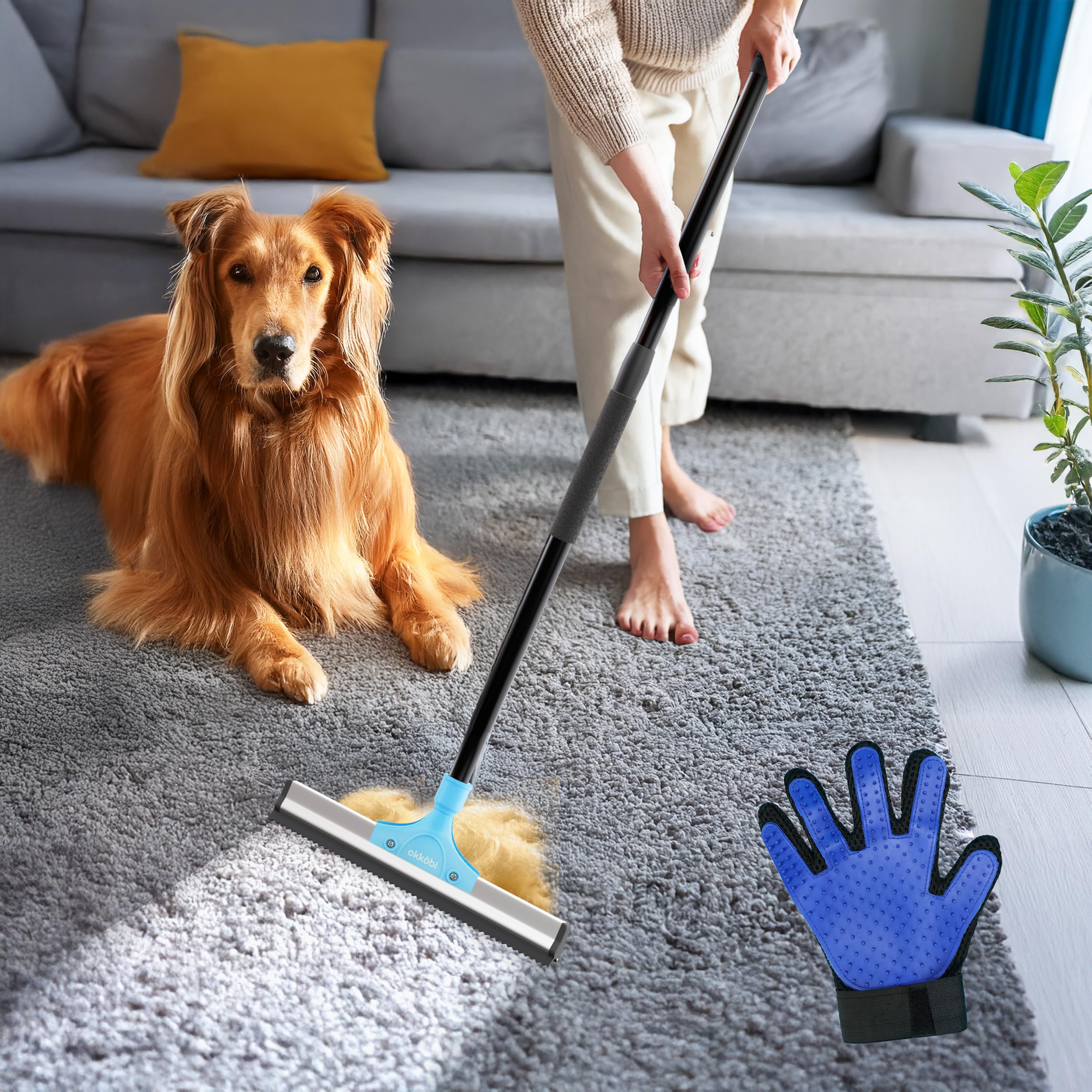 Carpet Rake - Fellfeger Besen – Pet Hair Remover für Teppich & Möbel – Gummibesen mit Stiel – Hundehaare Entfernen – Teppich Bürste für Tierhaare – Fellfeger für Teppiche & Böden - Blau Angebot bei HelloDeals