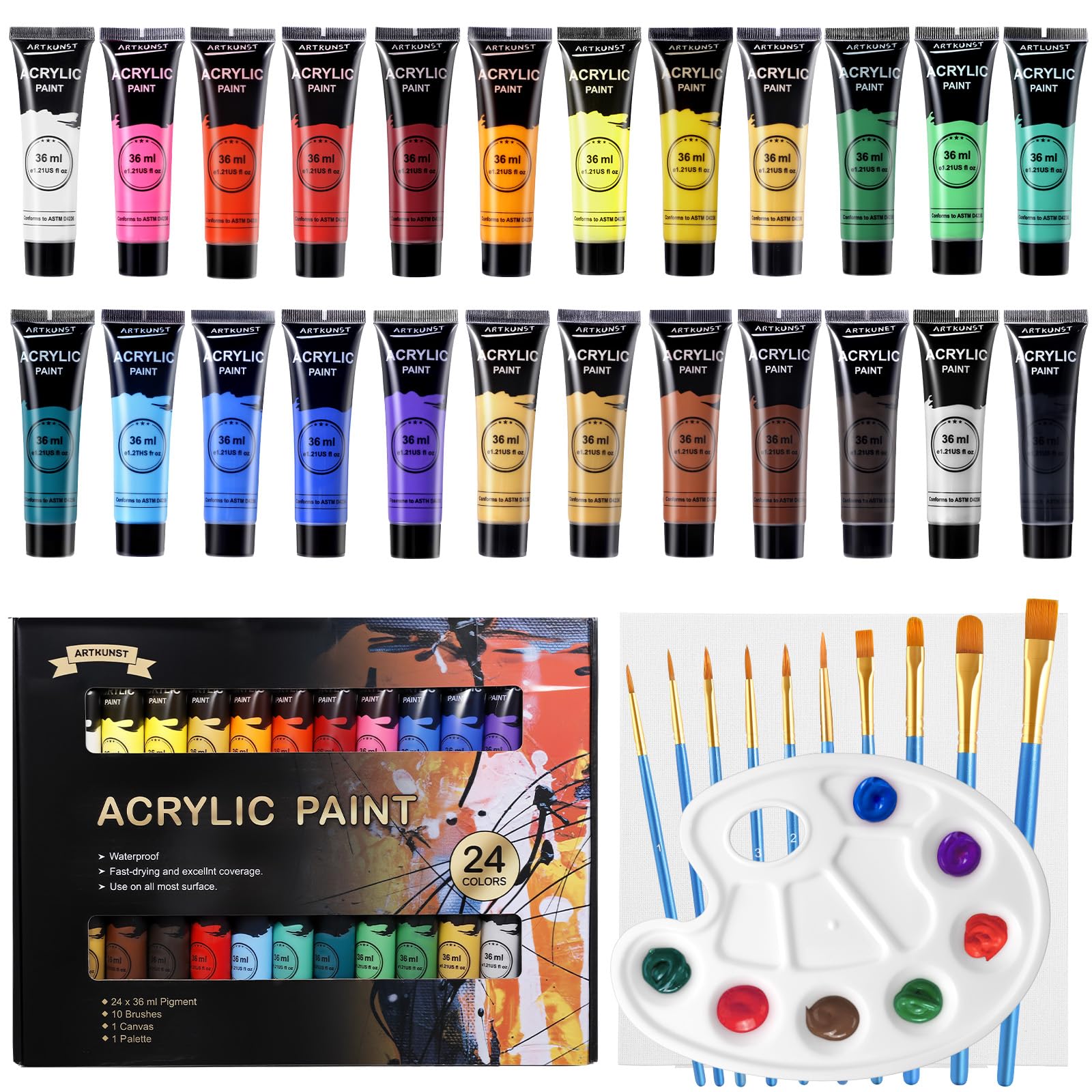 Acrylfarben Set, 24 x 36 ML Acrylfarbenset mit 10 Pinseln für Leinwand Holz Papier Keramik, Wasserdichte Acrylfarbe mit Lebendiger Farbe für Künstler, Anfänger, Kinder 24 colours x 36 ml Angebot bei HelloDeals