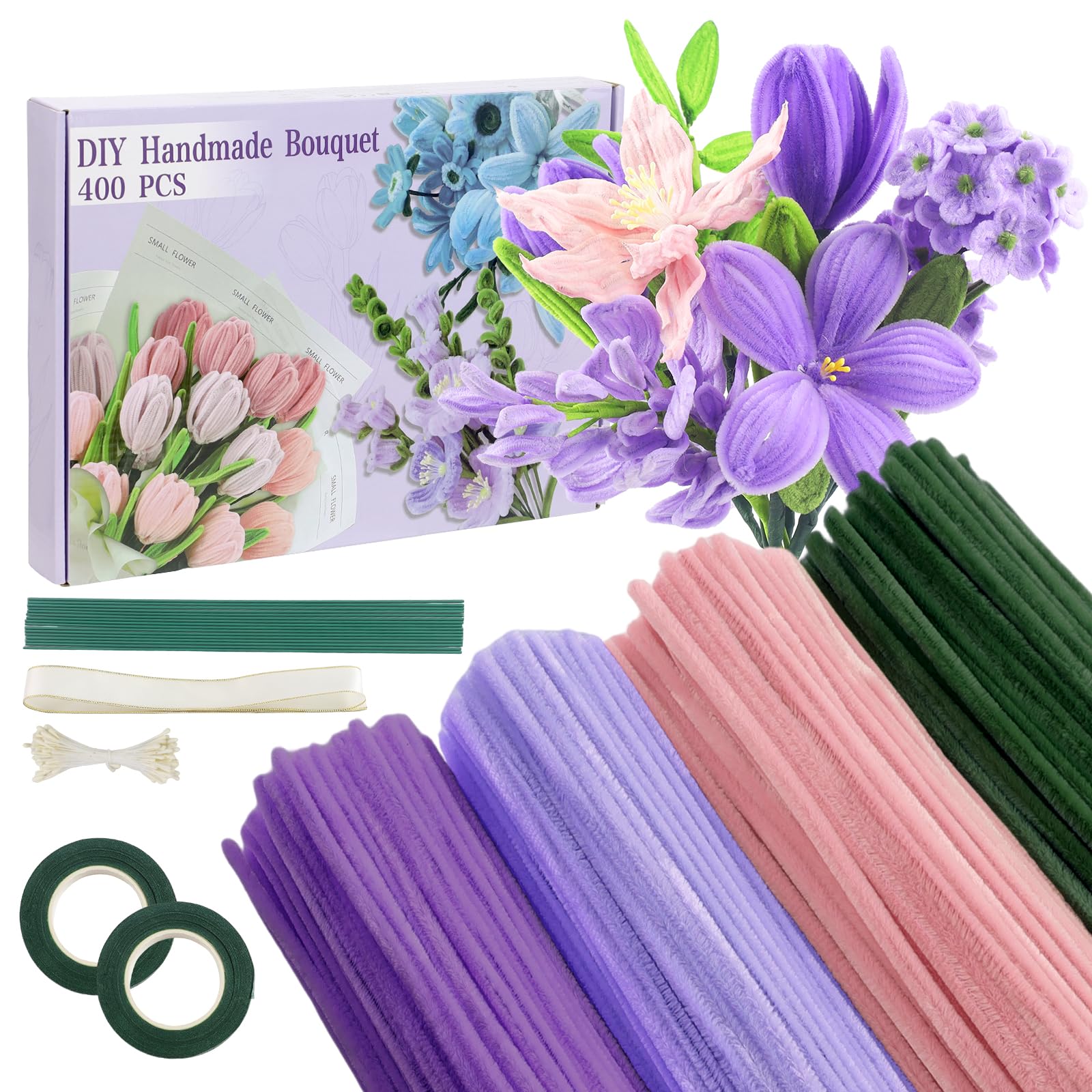 Tulpe Blumenstrauß Pfeifenreiniger Set, 400 Stück Pfeifenputzer zum Basteln Pfeifenreiniger Blumen Pfeifenreiniger zum Basteln mit 20 Stück Grün Basteldraht, Geschenkband, Blumenband Violett Angebot bei HelloDeals