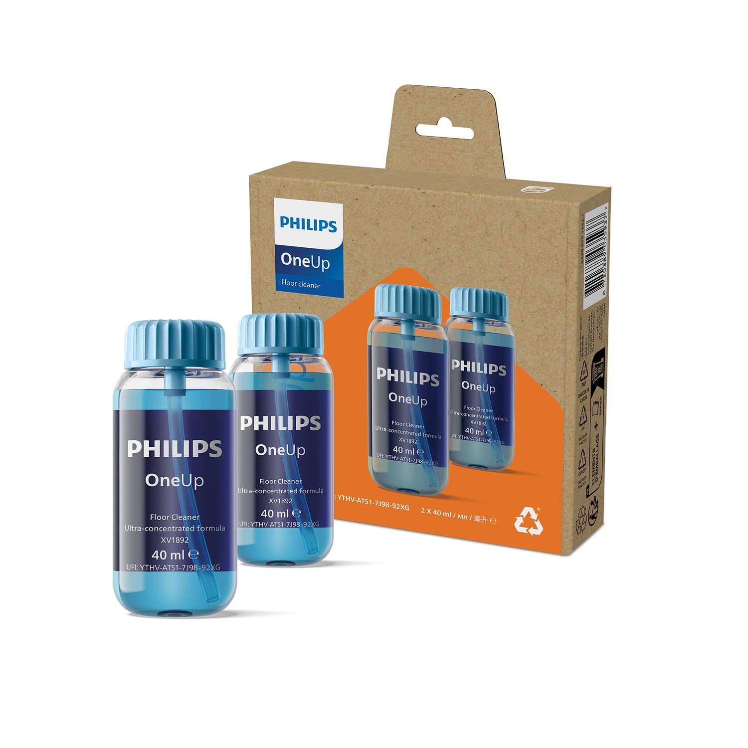 Philips OneUp Bodenreiniger Doppelpack – Optimiert elektrischen Wischmopp, präzise Dosierung, hochkonzentriert für 40 Anwendungen, ersetzt 3 Reinigungsmittel-Flaschen (XV1892/02) Angebot bei HelloDeals