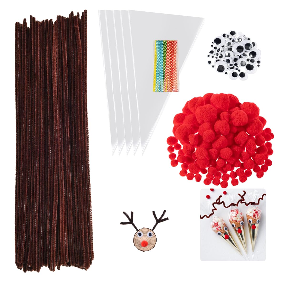 KIMMAX Pfeifenputzer Bastelset 350 Stück-50 Süßigkeiten Tüten,100 Pfeifenreiniger Braun,100 PomPoms und 100 Wackelaugen für Bonbons Kekse Weihnachtsgeschenke Dekorieren (Süßigkeiten Tüten 25x13cm) Candy Bar Tüten 25x13cm Angebot bei HelloDeals