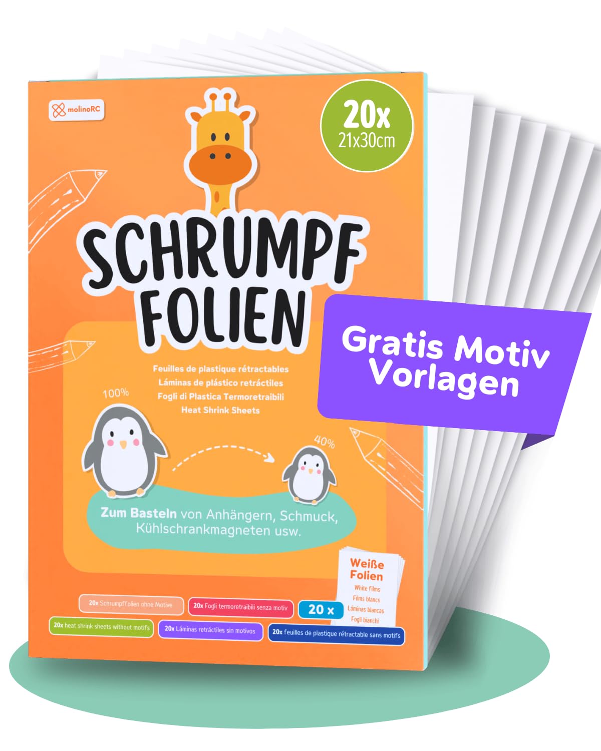 molinoRC Schrumpffolie zum Bemalen 20x A4 [mit GRATIS Vorlagen-Download] - matt transparent - Schrumpffolie Set - erhärtet glatt und gleichmäßig - Shrink Plastic Sheets Angebot bei HelloDeals